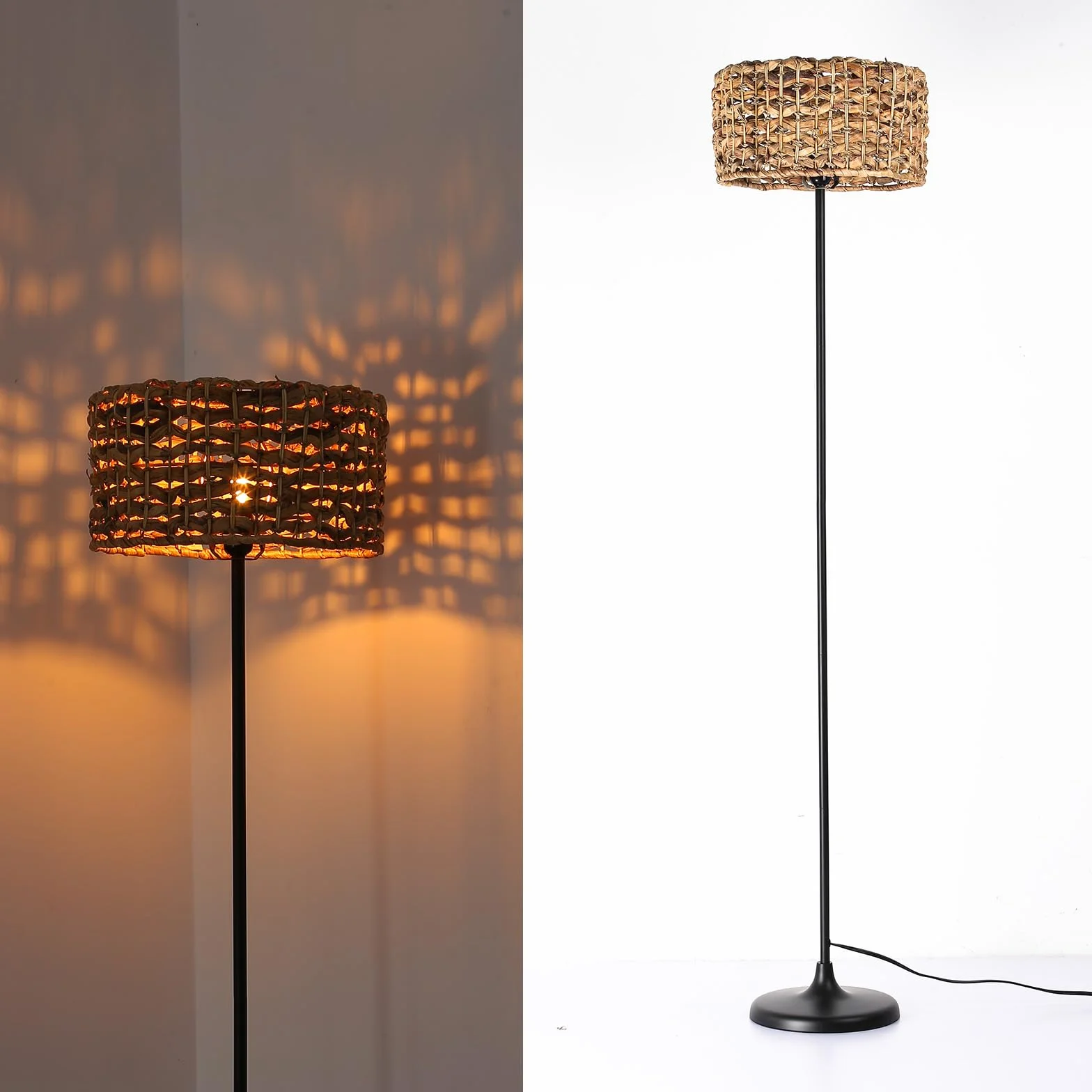 Alpinaluz Lampa podłogowa – ręcznie tkany klosz rattanowy z naturalnego rattanu Ø33 cm – wiejski styl vintage wiejski Boho – czarna metalowa podstawa – nasadka E27 do salonu, sypialni lub wejścia