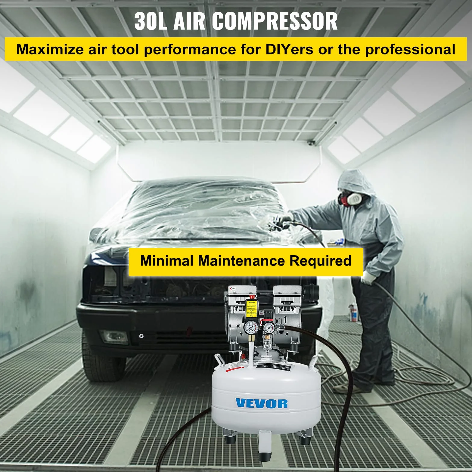 VEVOR Bezolejowa Sprężarka Powietrza 30L, 850W 1,1HP - Pionowa Sprężarka 165L/min, Narzędzie Warsztatowe do Naprawy Domu, Pompowanie Opon