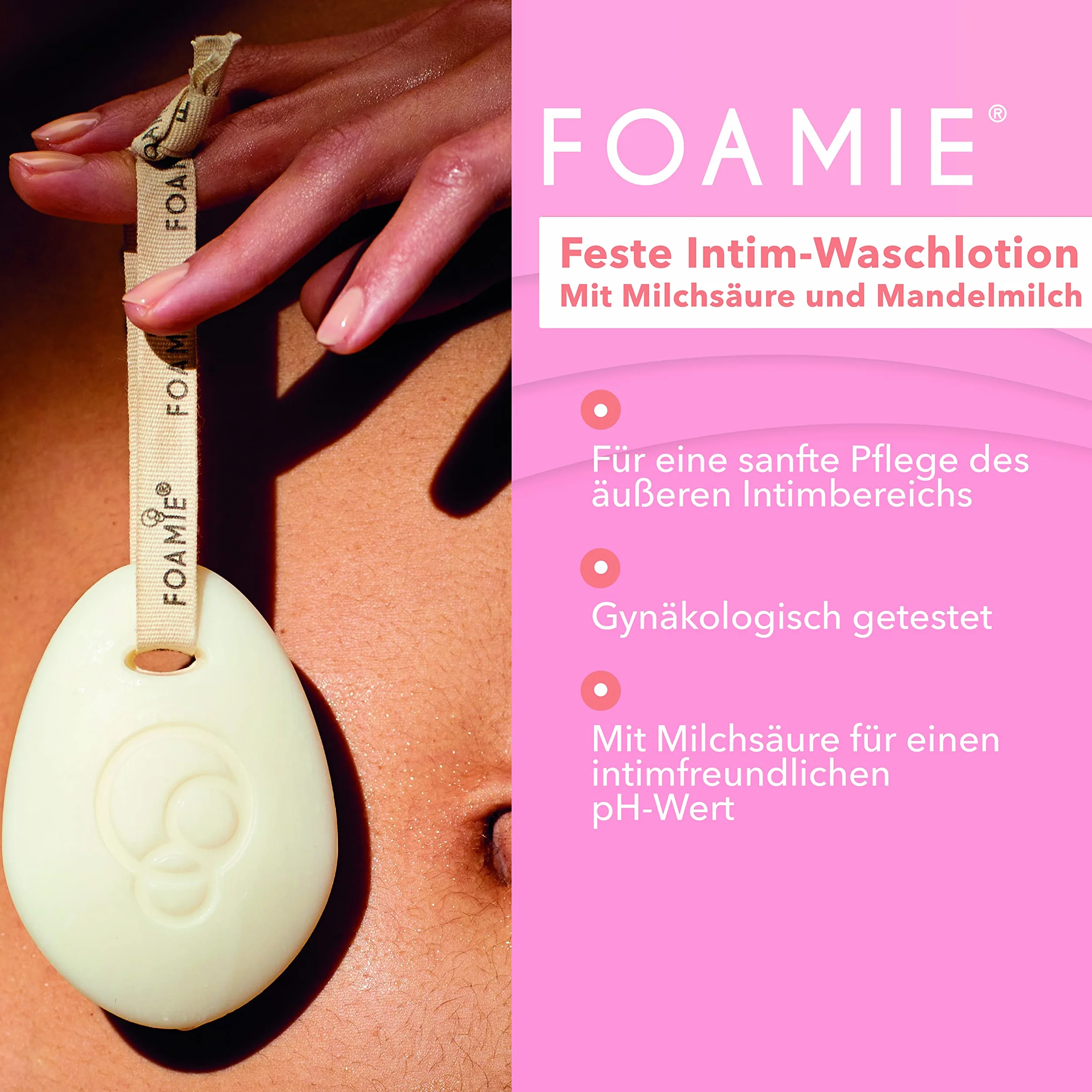 Foamie Stały balsam do mycia intymnego, pielęgnacja intymna dla kobiet z kwasem mlekowym i mlekiem migdałowym bez perfum, alkohol, barwniki, prysznic intymny dla delikatnej pielęgnacji zewnętrznej