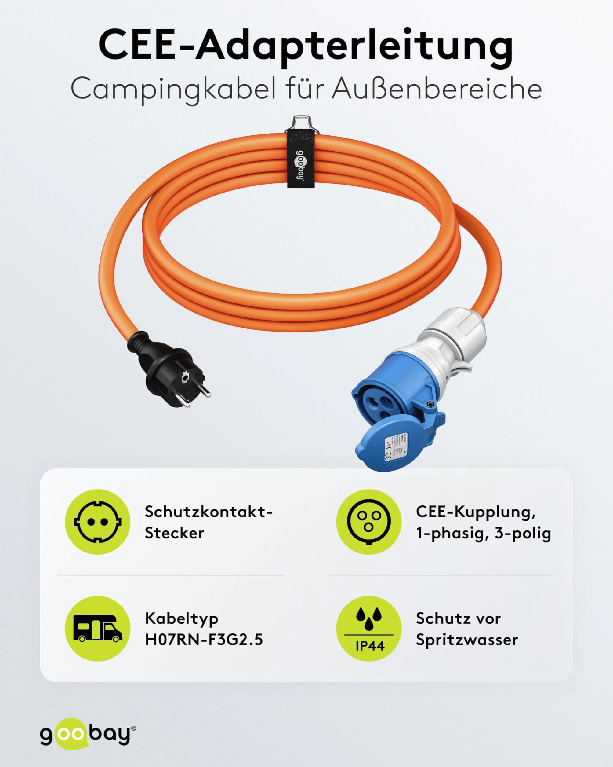 goobay Adapter CEE do przyczepy kempingowej, 1,5 m, wtyczka ochronna do gniazda CEE z pokrywą zamykającą, IP44, kabel kempingowy, przyczepa kempingowa, 76185