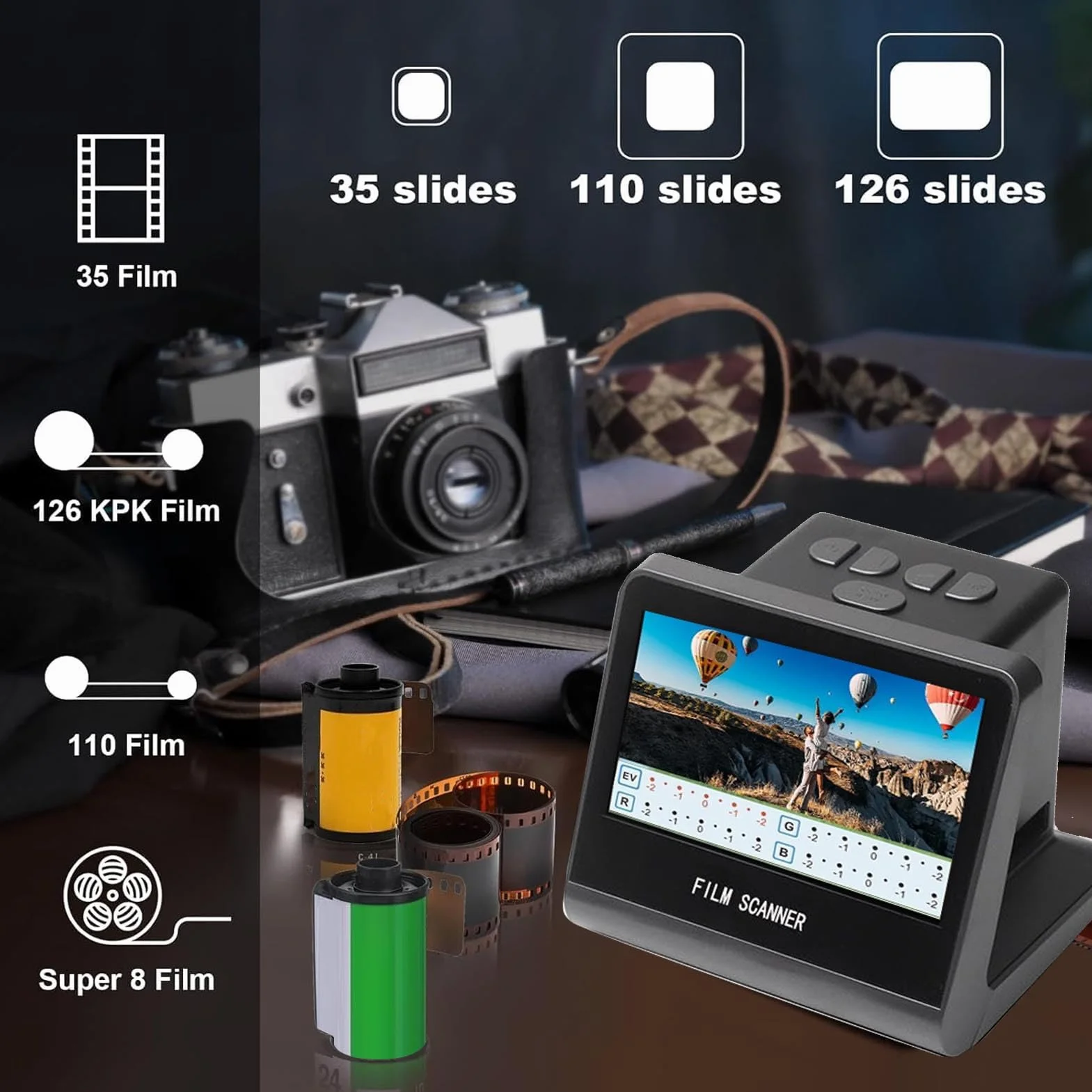 22MP Film Slide Skaner Digital Film Skaner 14MP Skaner Filmowy z 5 -calową pamięcią 16 GB dla 35 Mm 126 Mm 110 Mm Kolor Czarne Białe Negatywy Super 8 Slides