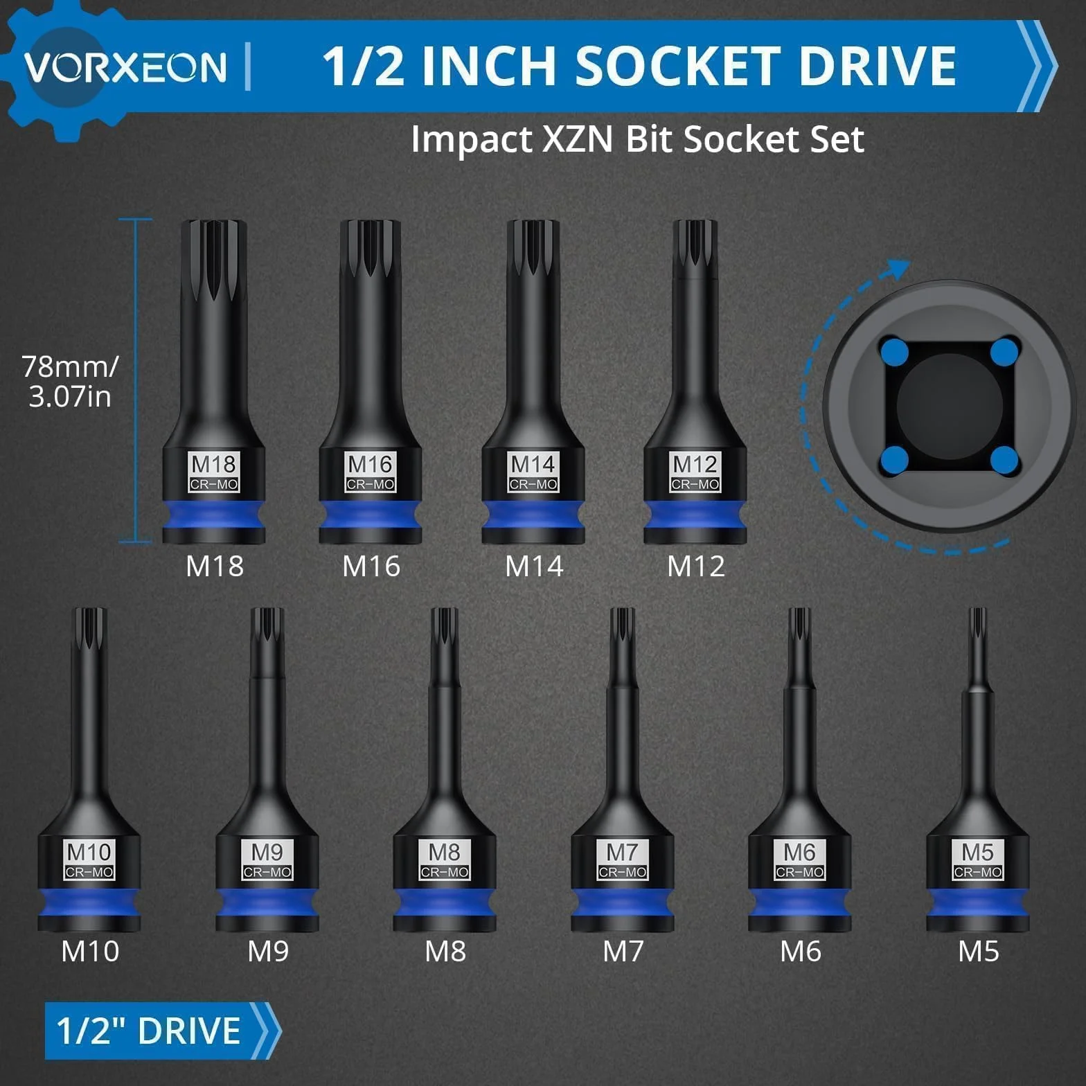 10 szt. 1/2 cala Drive Impact XZN zestaw nasadek bitowych 42CRMO z etui do przechowywania M5 M6 M7 M8 M9 M10 M12 M14 M16 M18