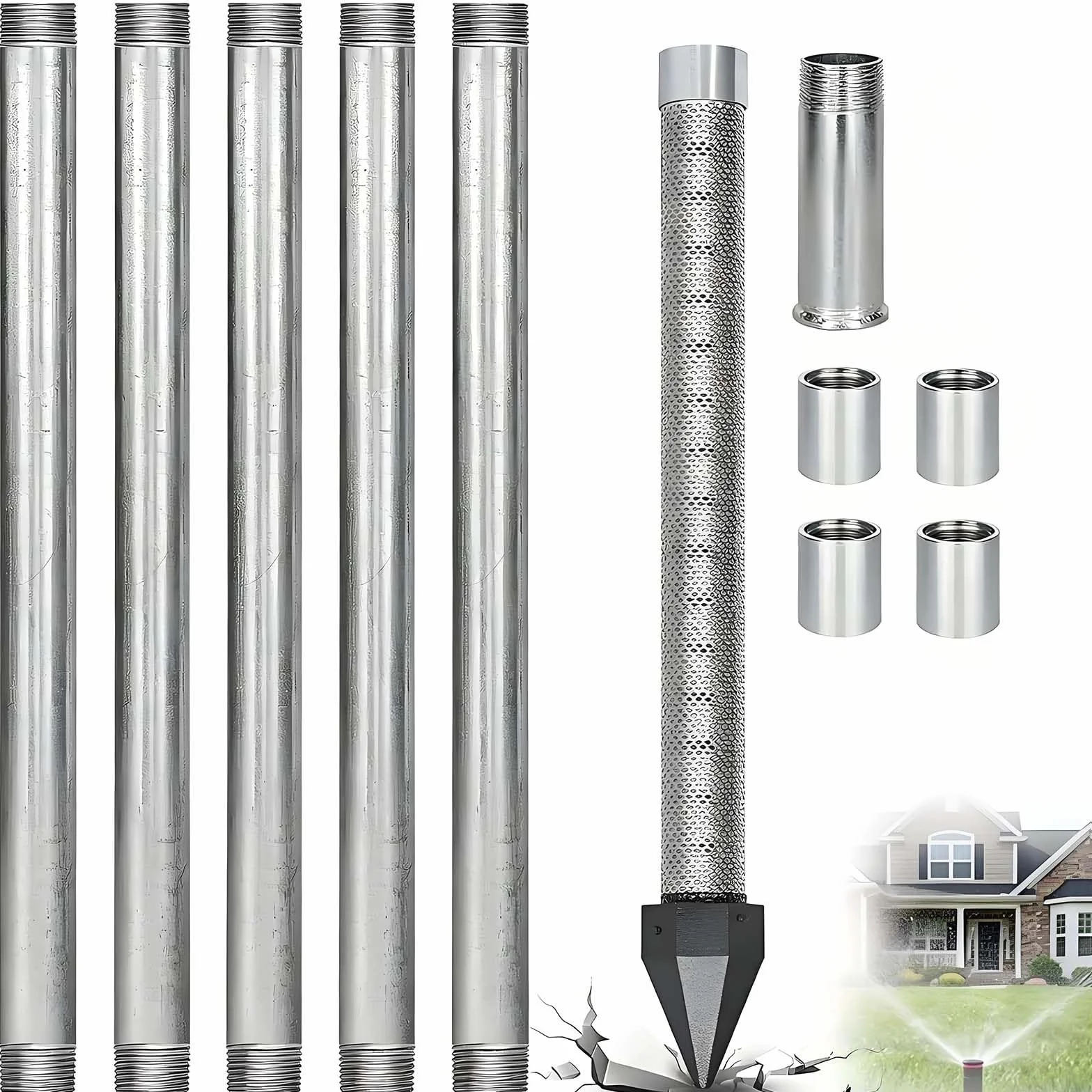 Zestaw do wiercenia studni,iglica ze stali nierdzewnej 1-1/4"(36 cali) 5+1kit | Sita z siatki 60, płytkie systemy wiercenia studni 36", rury ocynkowane, złączka i nasadka