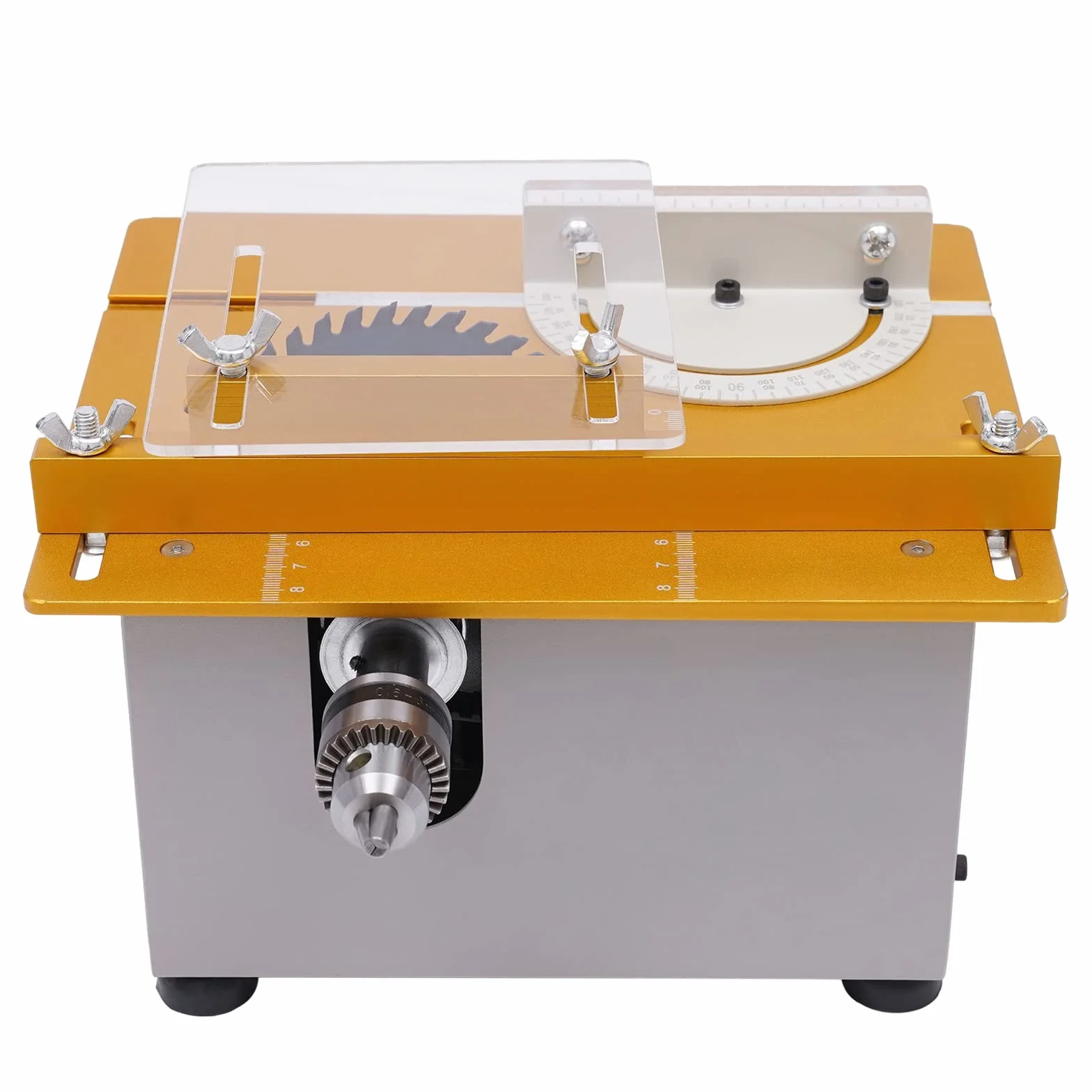 Profesjonalna mini piła stołowa z 4 ostrzami 9000 obr./min, przenośna stołowa pilarka tarczowa 300 W, elektryczna piła stołowa o grubości cięcia 0-29 mm, modelarstwo, cięcie, polerowanie