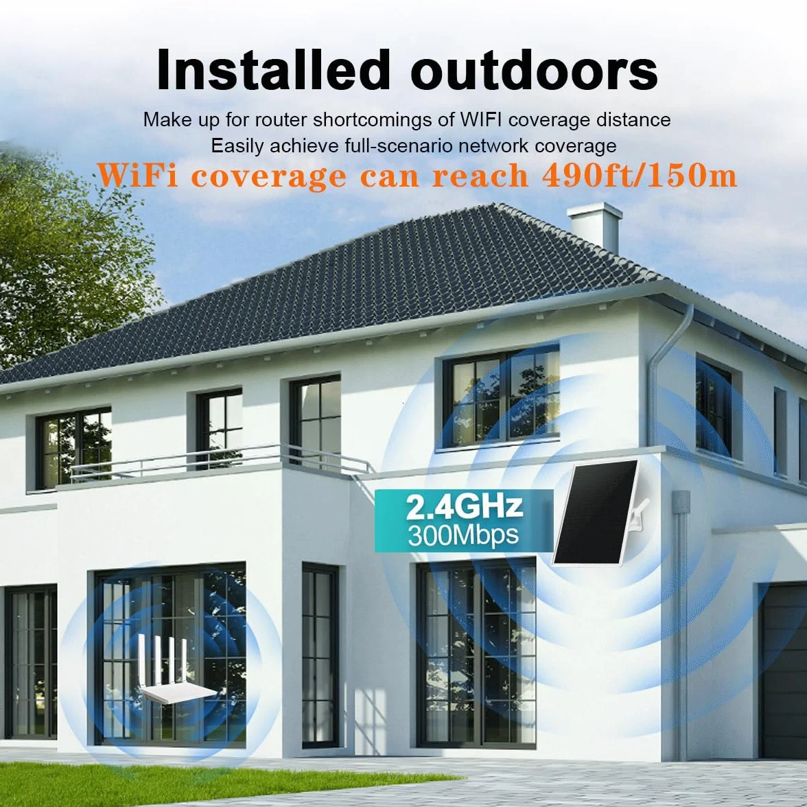 Zewnętrzny podwójny wzmacniacz sygnału WiFi do routera 2,4 GHz, repeatera WiFi, 490 stóp/150 m, panel słoneczny 15 W/5 V, wodoodporność, 20000 mAh, odpowiedni do gospodarstw rolnych i komercyjnych