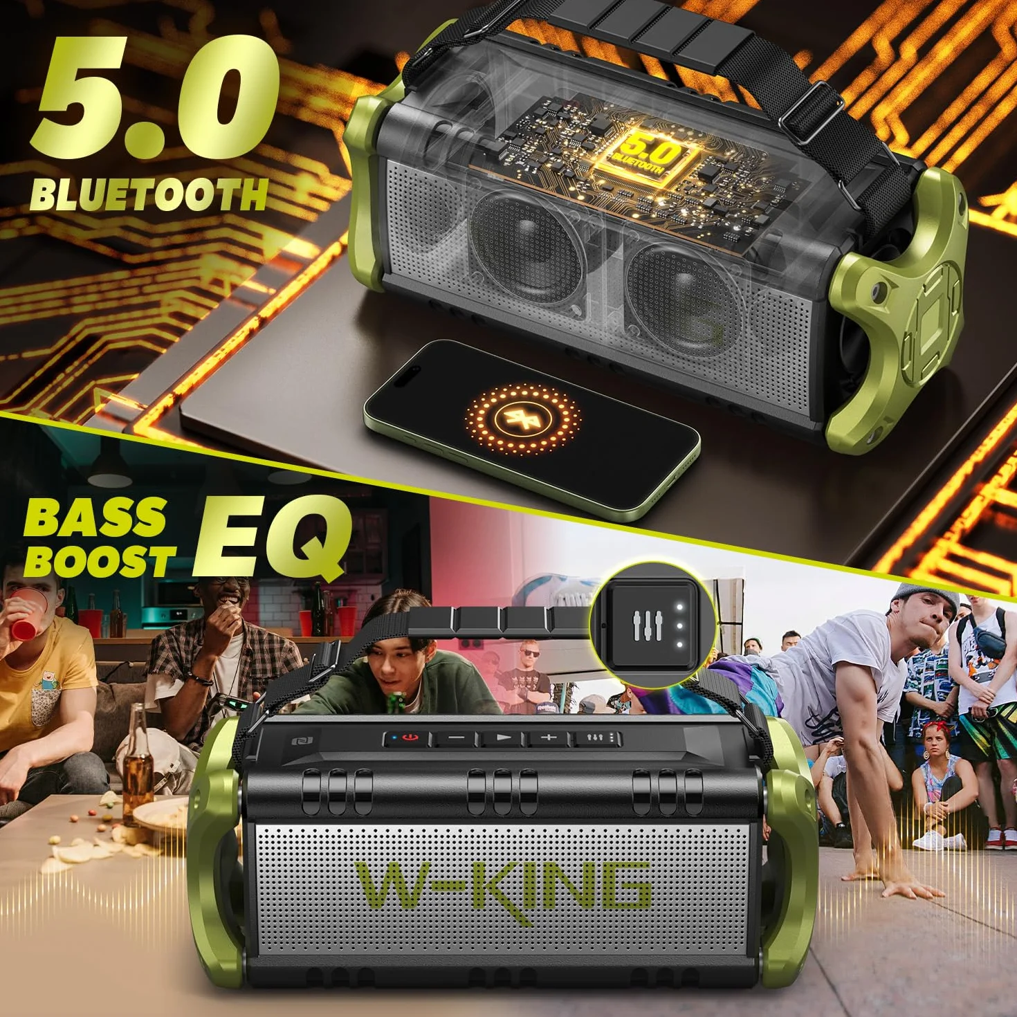 W-KING Przenośny Głośnik Bluetooth 90W Peak 50W, IPX6, Głęboki Bas, Power Bank 40h, NFC/TF/AUX