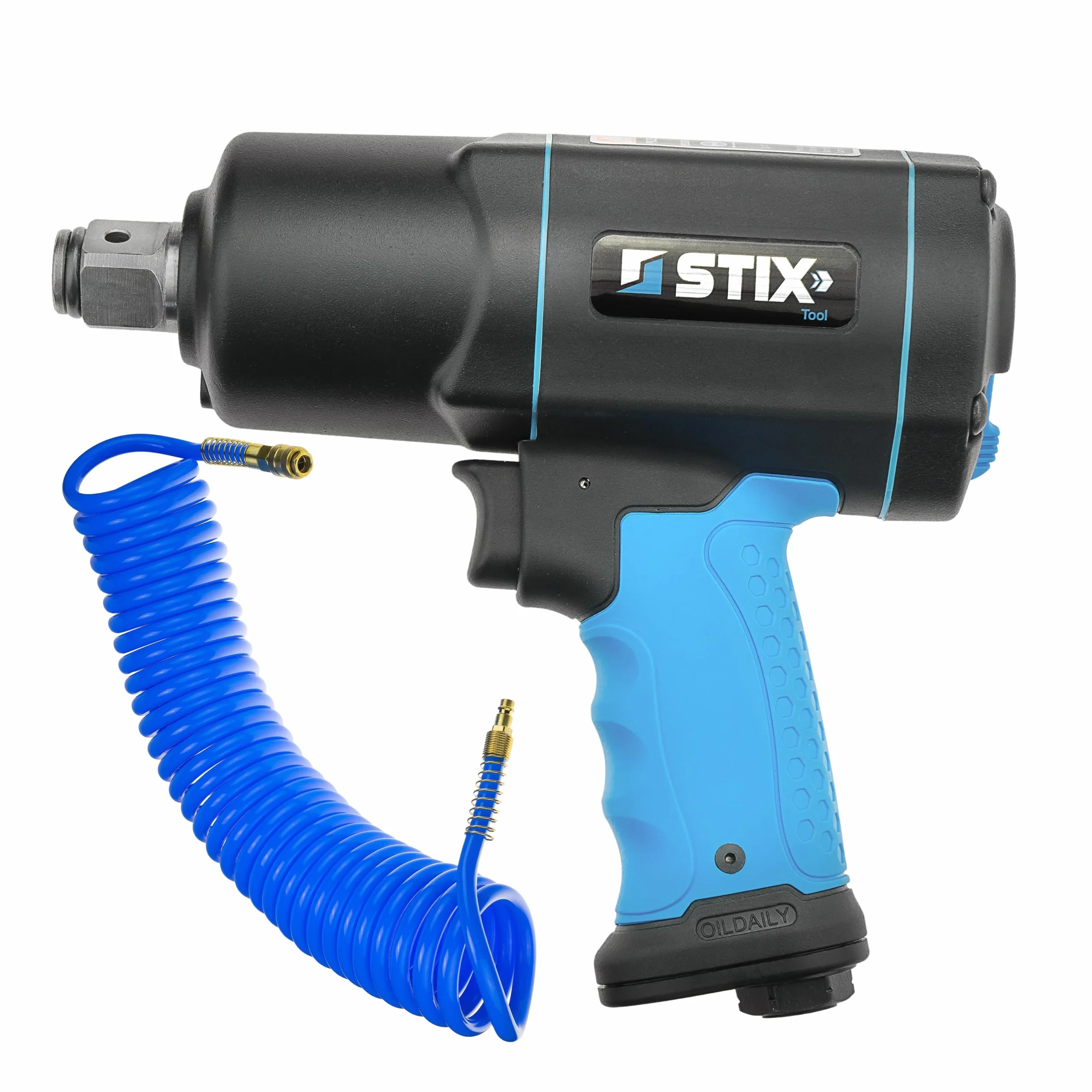 Stix STT-22 wkrętarka udarowa pneumatyczna Profi Set 2200 Nm 3/4 cala Twin Hammer obudowa kompozytowa ze spiralnym wężem pneumatycznym 10 m 14 x 10 mm poliuretan niebieski – zestaw kluczy udarowych do