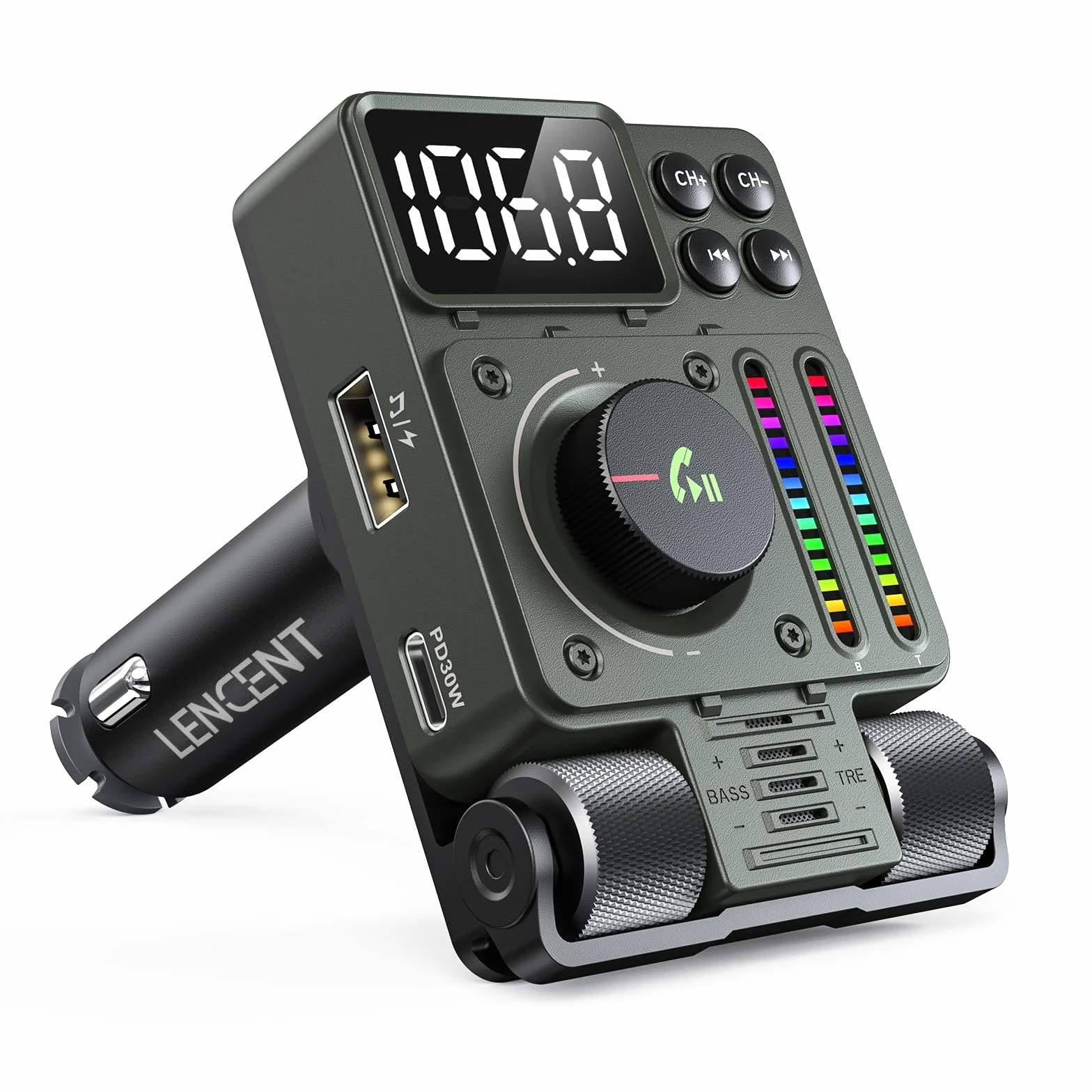 LENCENT 5.3 Samochodowy Nadajnik FM Bluetooth, Adapter Bluetooth z Typ C PD 30W Ładowarka Fast USB, Zestaw Głośnomówiący, Siri Google Assistant