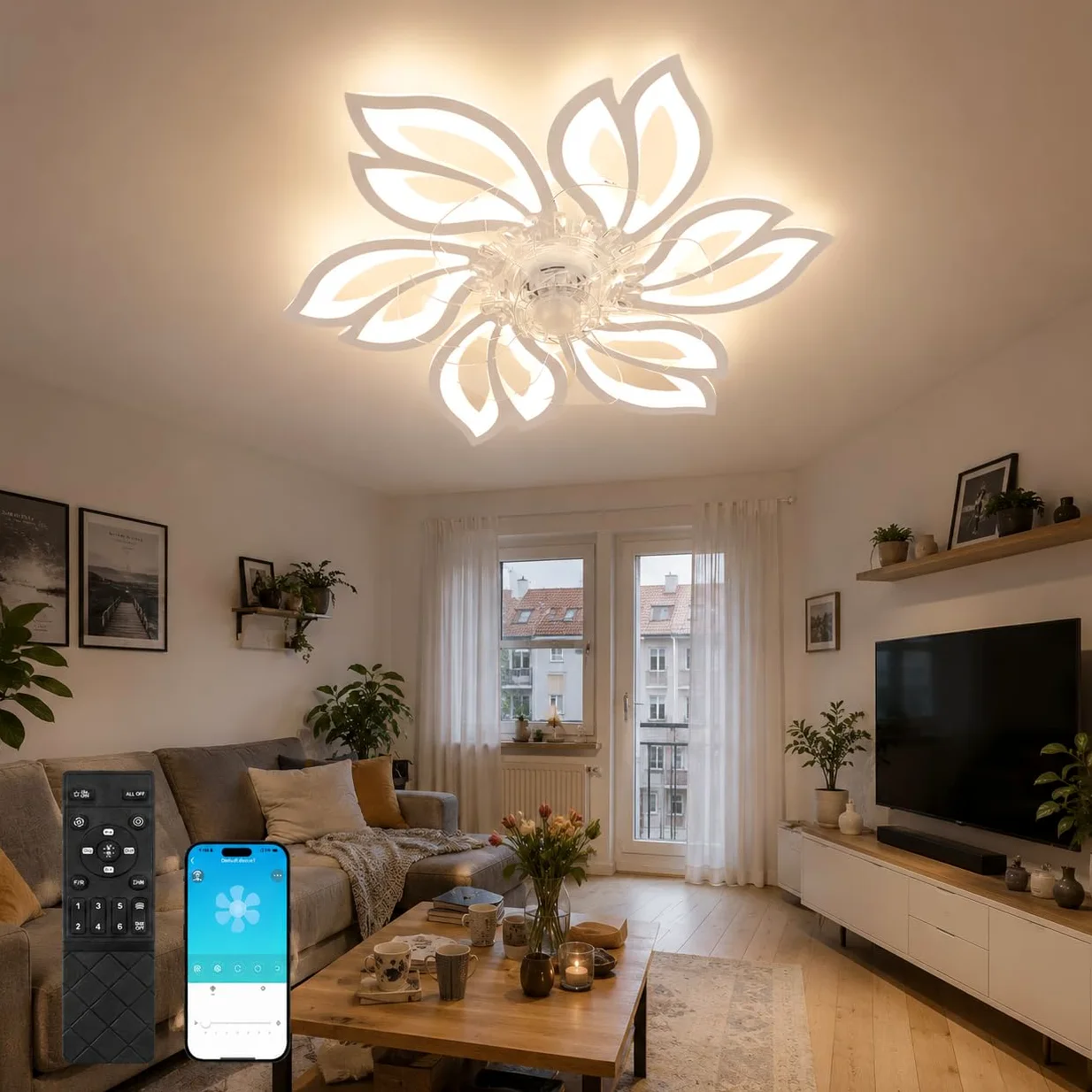 Homefire Wentylator Sufitowy Z Oświetleniem I Pilotem Cichy - Światło Sufitowe LED Ściemnialny Wentylator Czasowy Światło Sufitowe Kreatywny Projekt 6 Świateł Wentylator Do Salonu Zima/Lato | - Lampa sufitowa LED ściemniany wentylator czasowy kreatywne oś