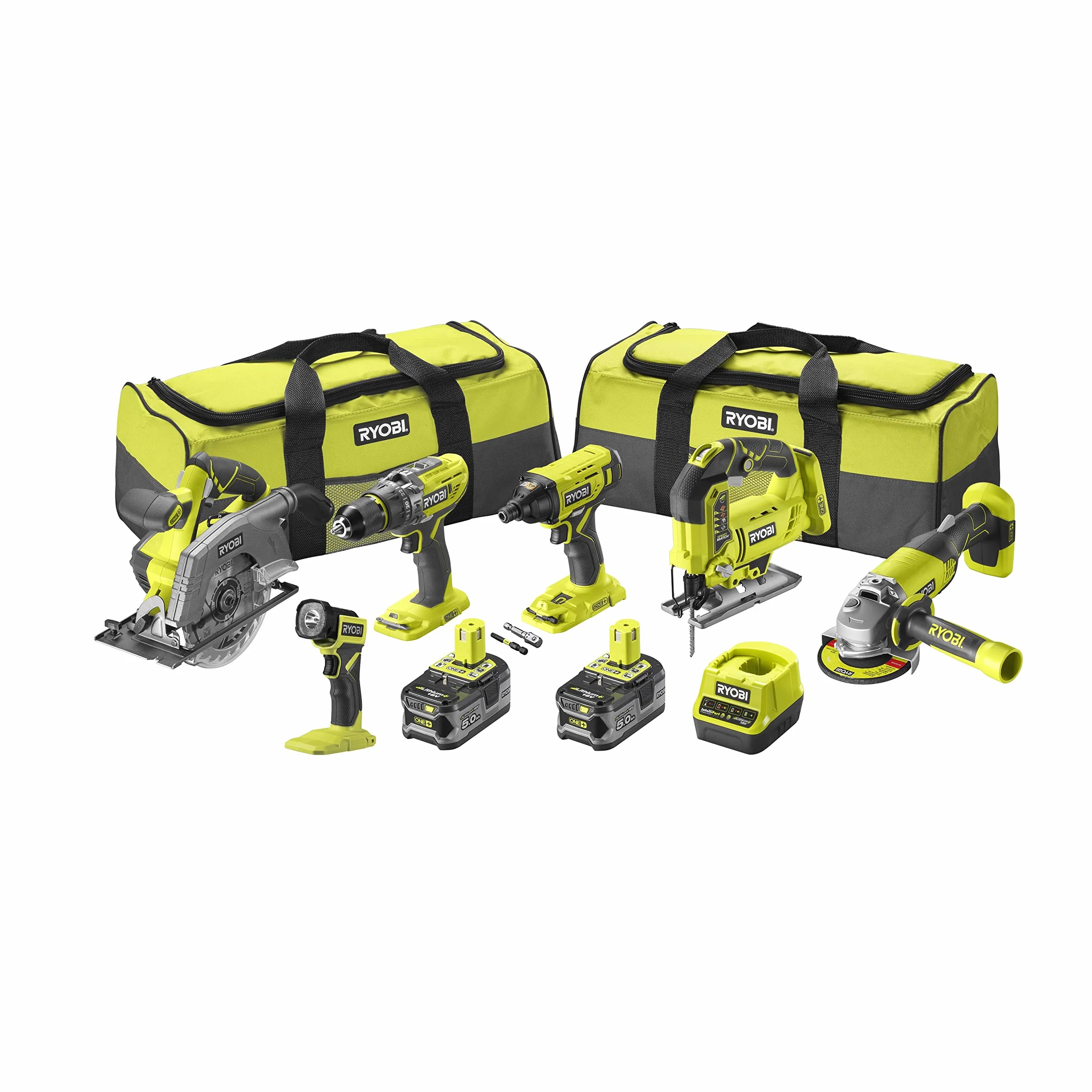 Ryobi Combo 6 Narzędzi, Wiertarka Udarowa, Wkrętarka Udarowa, Szlifierka 115 mm, Wyrzynarka, 1 Latarka, 2 Baterie 5Ah i Ładowarka 2,0 A i 2 Torby, RCK186A-250S