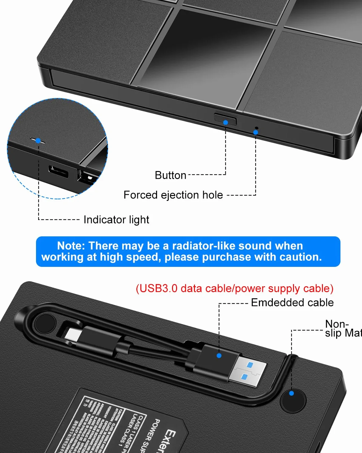 LMEN Zewnętrzna Nagrywarka CD/DVD, Zewnętrzny Napęd CD z USB 3.0 i Type-C, Przenośny Odtwarzacz DVD z Gniazdem kart SD/TF, Kompatybilny z Windows 11/10/8/XP/Linux/Mac OS