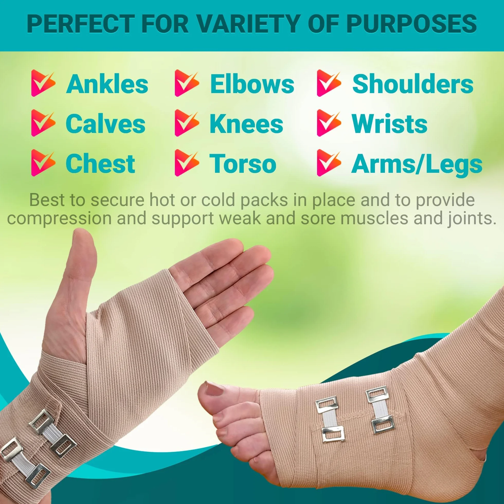 MEDca Elastic Compression Bandage Wrap - First Bandages Roll Measures 2", 3", 4", 6" x 5 Ft z 4 dodatkowymi haczykami - Athletic Sports Stretch Wraps for Ankle, Wrist, Arm & Leg Sprains (Pack of 8)