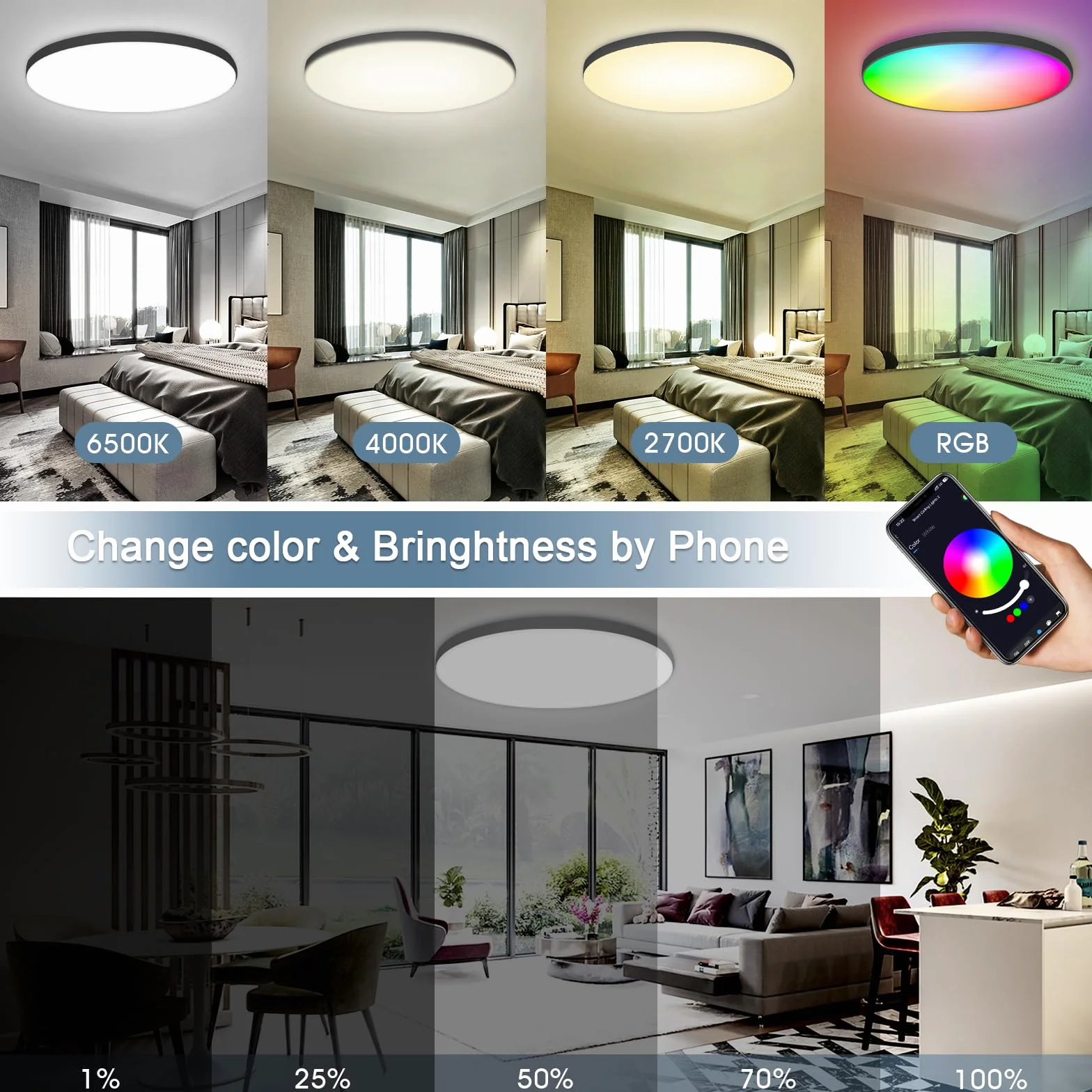 Lampa sufitowa LED, możliwość ściemniania, okrągła, czarna, 24 W, z pilotem, RGB sterowana aplikacją, 2700 K-6500K, inteligentna lampa sufitowa LED, do pokoju dziecięcego, biura, salonu, Ø30