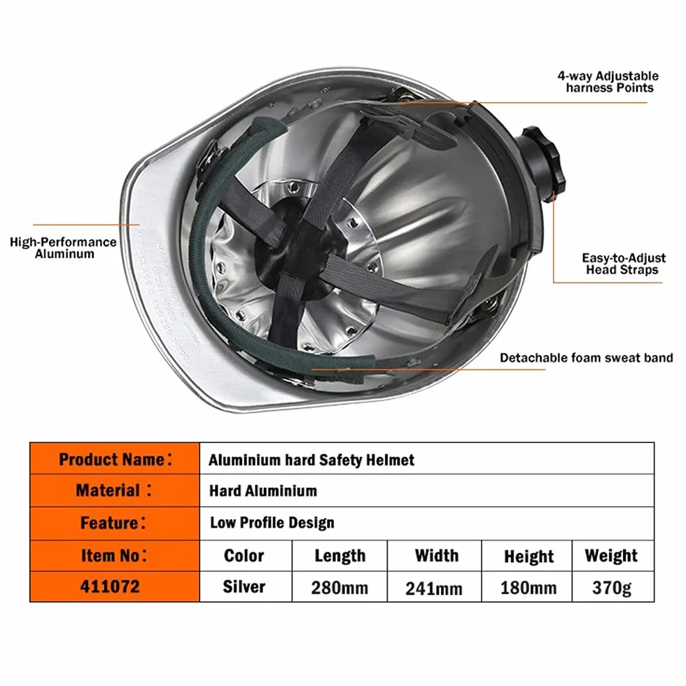 Kask ochronny, aluminiowy kask regulowany kask ochronny Wzmocnienie ze stopu aluminium na górze jest bezpieczniejsze i skuteczniejsze, aby zapobiec przebiciu