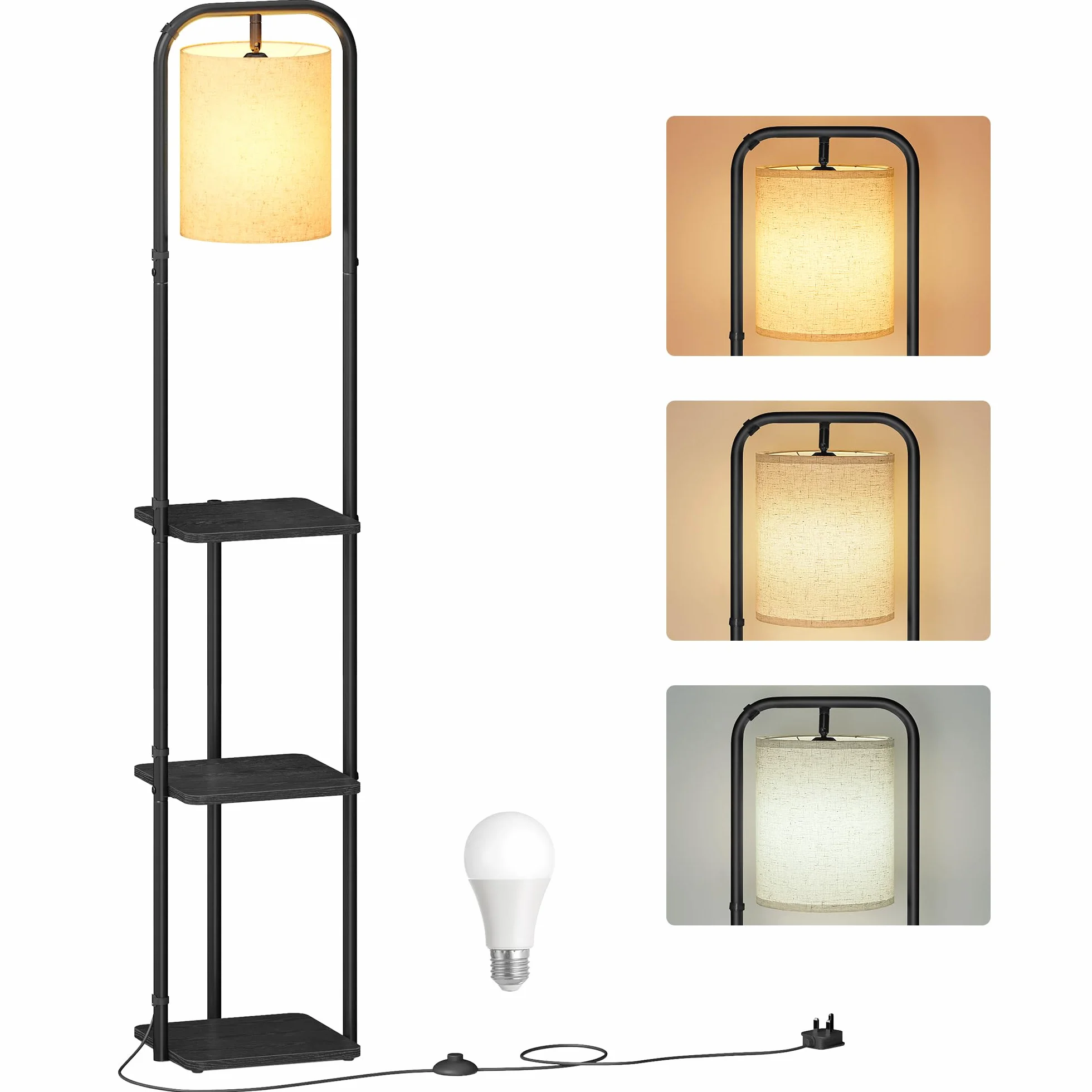 VASAGLE Lampa stojąca z regałem, przełącznik nożny, żarówka LED, abażur z materiału, z 3 drewnianymi półkami, do sypialni, biura, 29,9 x 31,8 x 160,5 cm, kolor czarny atramentowy LFL001BD02