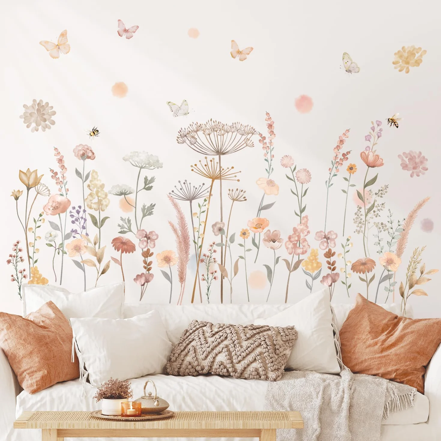 DECOWALL SG2-2421 Naklejki ścienne z Boho Kwiaty w akwareli Polne kwiaty Trawa Sypialnia Home Decor Art Kolorowe różowe rośliny Zdejmowane skórki i sztyfty Dom przedszkola DIY Liście Ogród