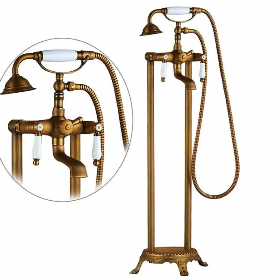 Złota bateria umywalkowa montowana na podłodze, zestaw do wanny i natrysku, wolnostojąca bateria wannowa z prysznicem ręcznym (Antique Brass D)