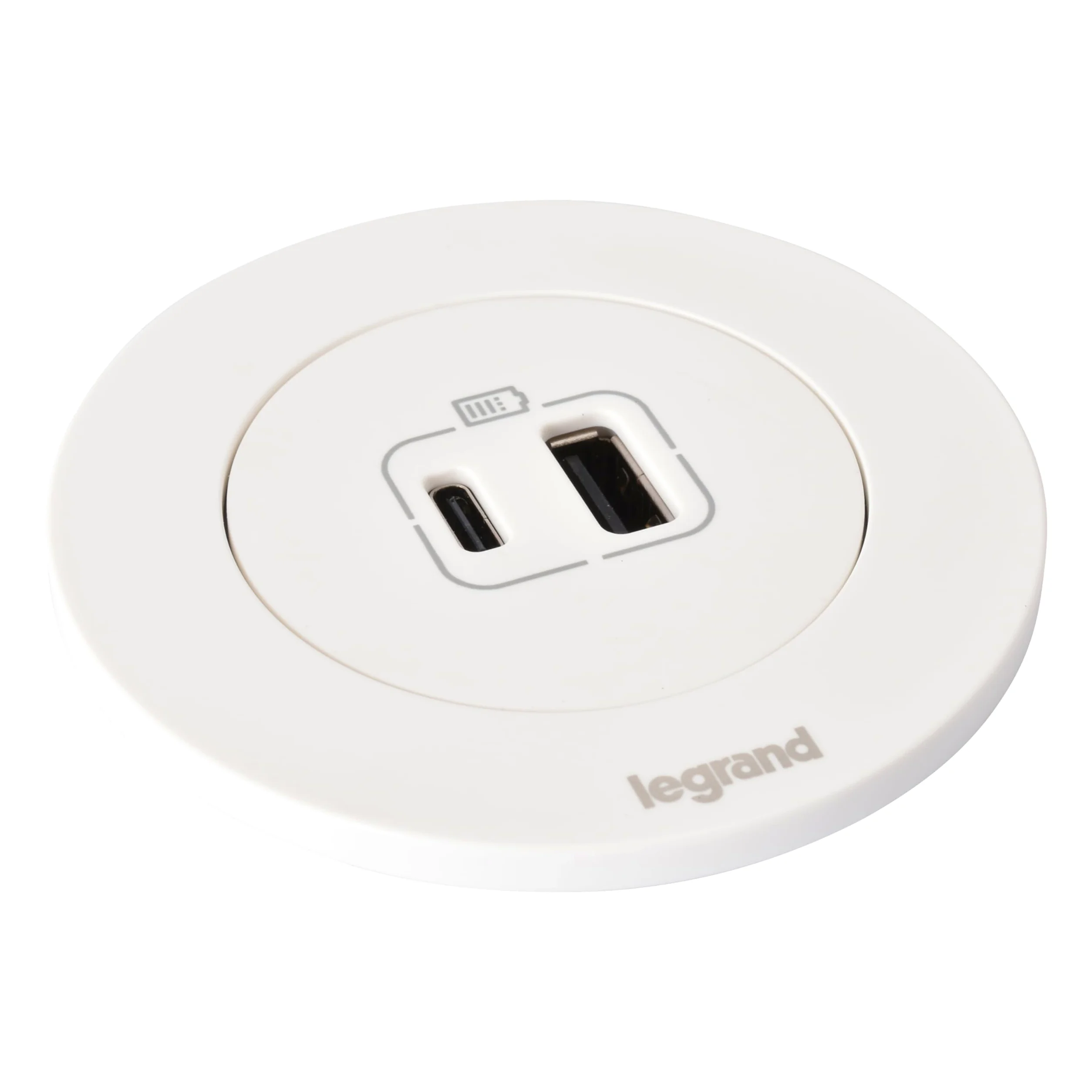 LEGRAND, Incara Disq 60, gniazdo ładowania USB A+C, gniazdko stołowe, gniazdo do zabudowy, ładowarka wielokrotna, 15 W, długość kabla 2 m, wtyczka 2P + E, kolor: ultrabiały, 654730