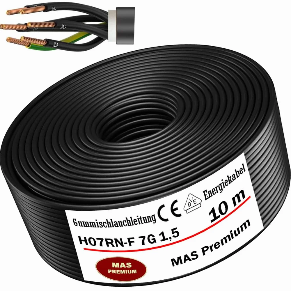 MAS Premium Przewód gumowy 5-80 m, kabel zasilający na plac budowy H07RN-F 7G 1,5 lub 2,5, elastyczny przewód z przewodem ochronnym do ciężkich urządzeń (H07RN-F 7G1,5 mm², 10 m)