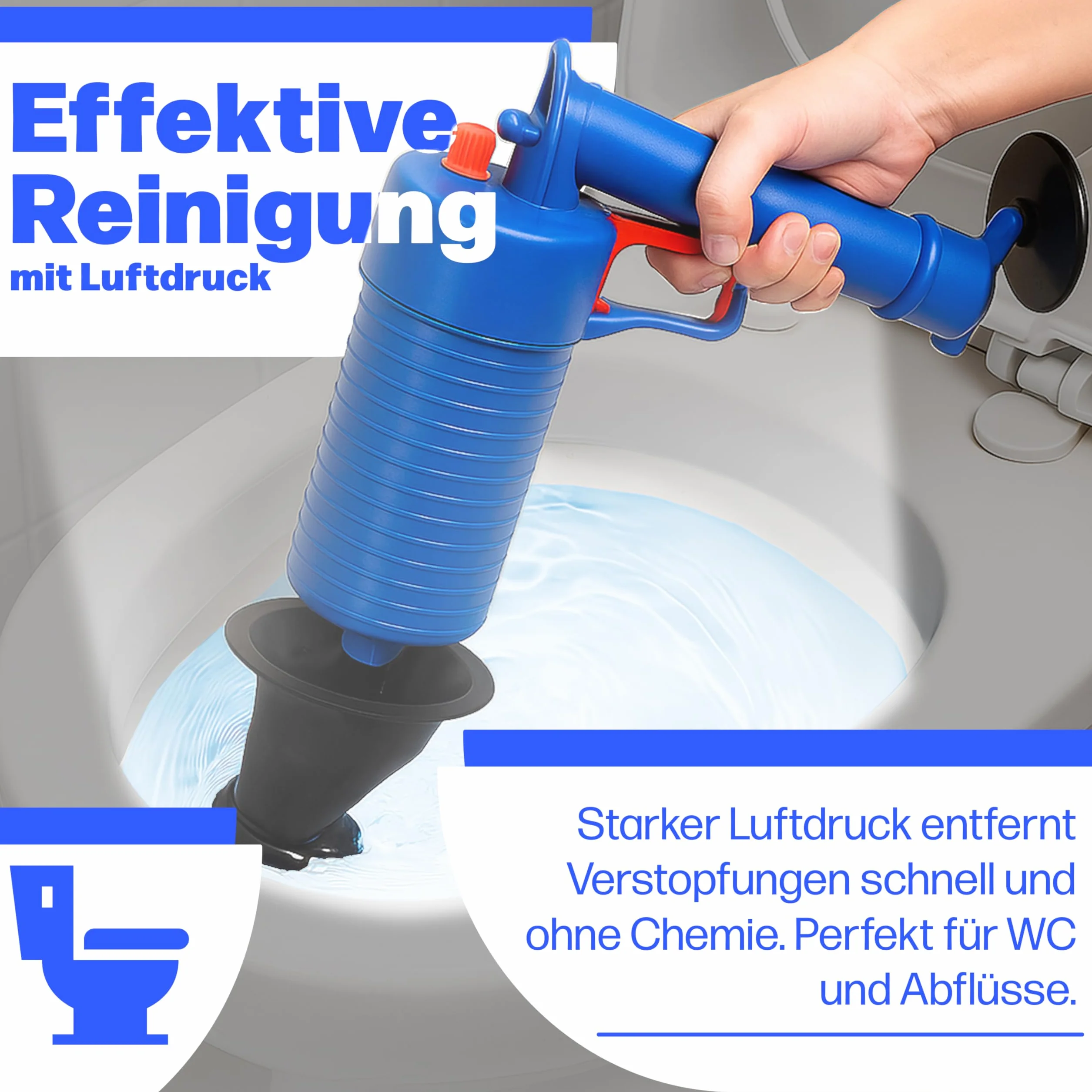 Retoo Pistolet do czyszczenia rur, preparat z 4 gumowymi adapterami, sprężone powietrze, urządzenie do usuwania zatorów rur do toalety, prysznica, umywalki, toalety, kuchni, niebieski