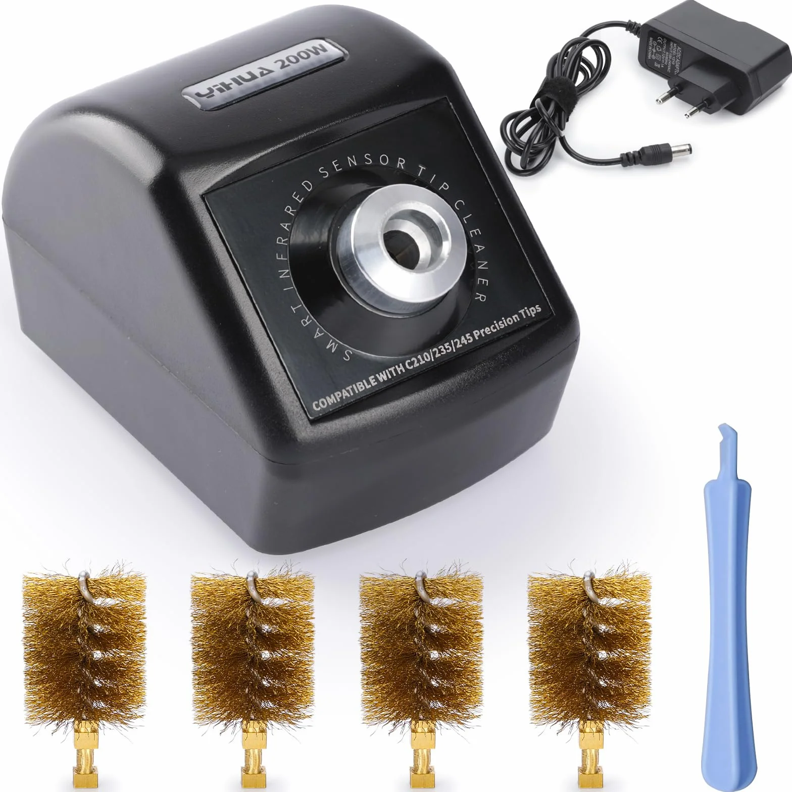 YIHUA Zmotoryzowana końcówka lutownicza 200 W, środek do czyszczenia miedzi z czujnikiem podczerwieni, 4 szczotki z mosiądzu, adapter 12 V