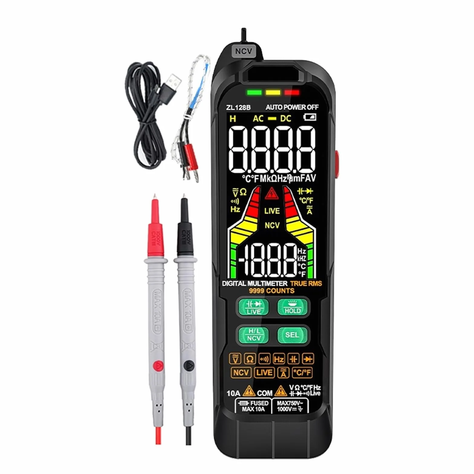 USB Charge Multimetr Cyfrowy 9999 Kolorowy Wyświetlacz LCD DC AC Napięcie Prądu Pojemność Multimetro NCV Tester Drutu Na Żywo Bezpieczny, Praktyczny, DokłAdny(128B)