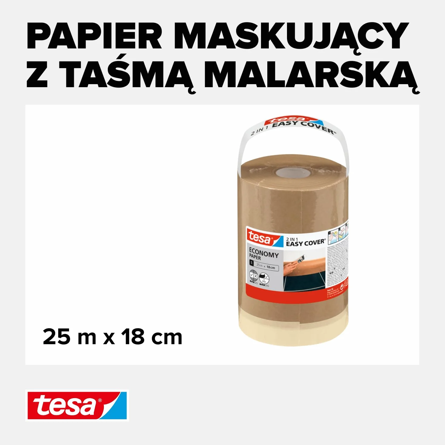 tesa papier Easy Cover UNIVERSAL - papier malarski 2w1 z samoprzylepną taśmą maskującą do prac malarskich i remontowych - 25m x 18cm