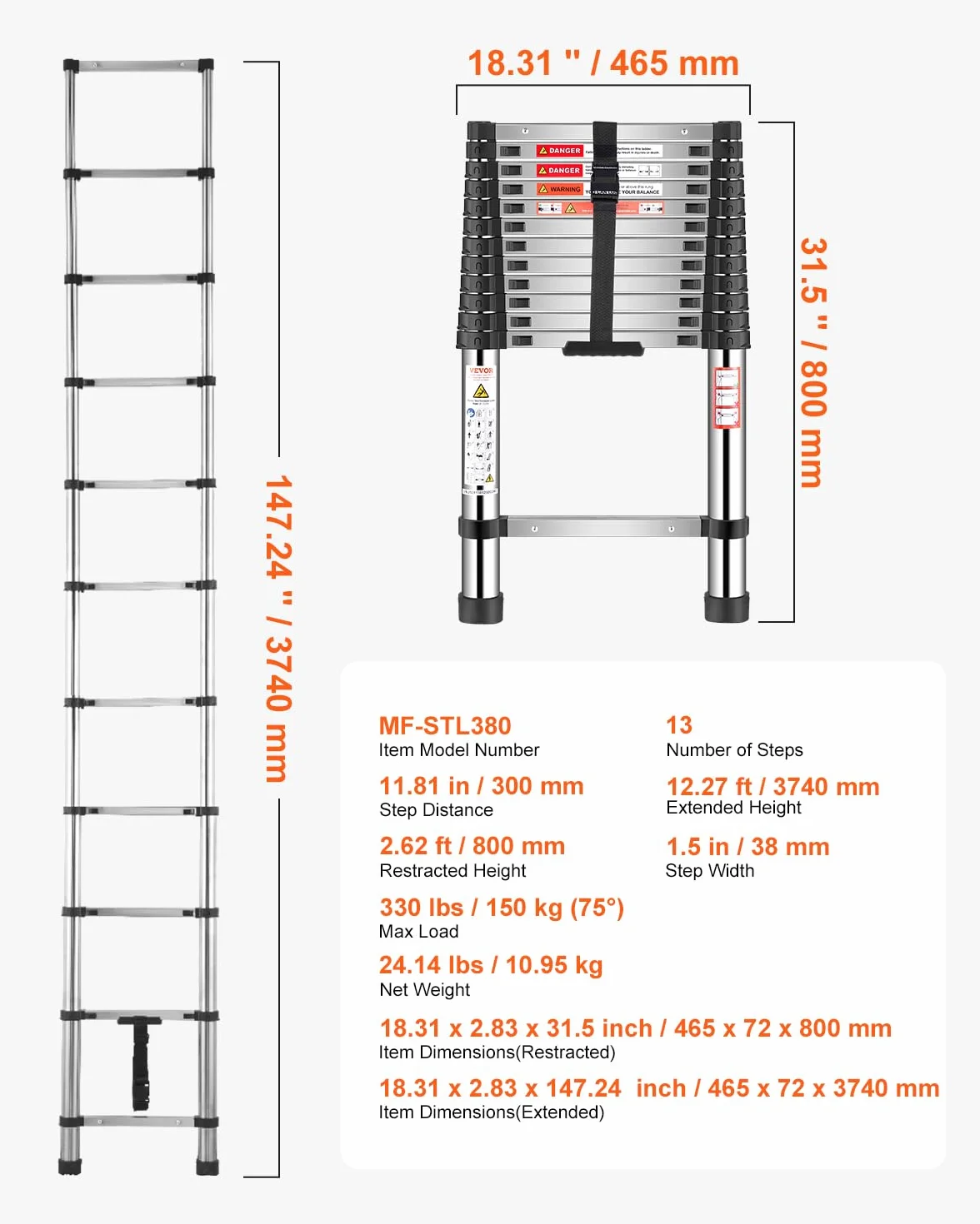 VEVOR Drabina teleskopowa, lekka drabina przedłużająca ze stali nierdzewnej 3,8 m, wysuwana drabina z wieloma przyciskami, nośność 150 kg i antypoślizgowe nóżki, przenośne drabiny 13-stopniowe do domu
