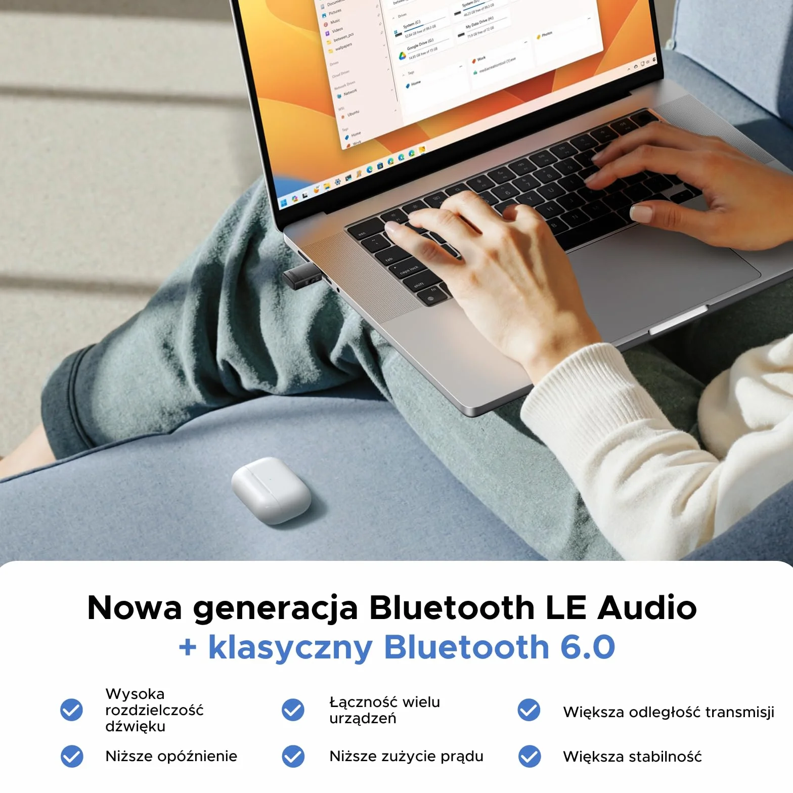 Adapter audio UGREEN LE Audio USB-C 6.0 Bluetooth LC 3 o niskim opóźnieniu i dwóch trybach, bezprzewodowy klucz sprzętowy Bluetooth do komputerów PC, Mac, PS5 i konsol do gier