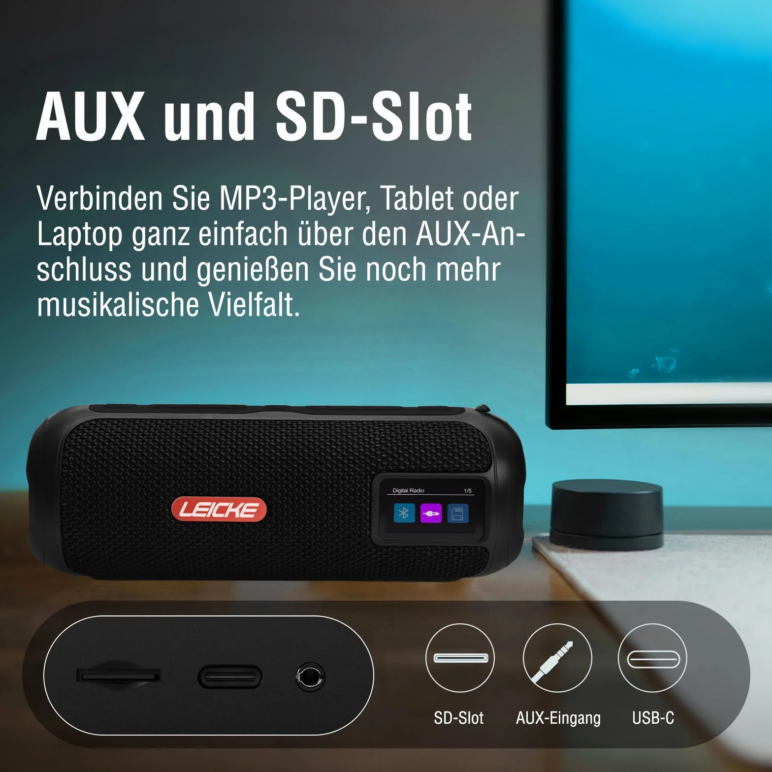 LEICKE DAB+ radio Tube – przenośny głośnik Bluetooth z DAB+/FM, akumulator 4500 mAh, oświetlenie RGB LED, dźwięk stereo 10 W, korektor, ładowanie USBC, złącze Micro SD/AUX, zasilanie sieciowe i