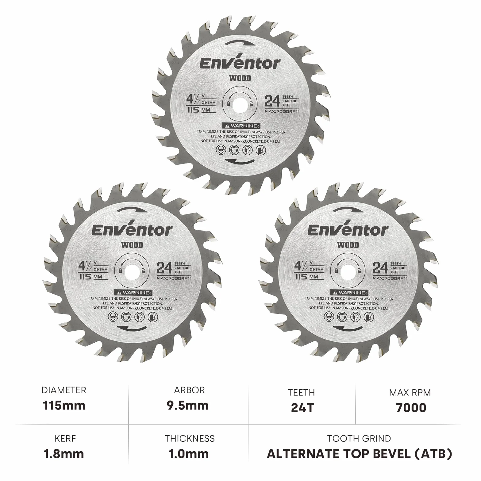 Enventor 3 szt. brzeszczoty TCT 24T do drewna, 115 mm x 9,5 mm, końcówka z węglika wolframu, mini piła tarczowa do cięcia drewna, kompatybilna z Enventor 76604L