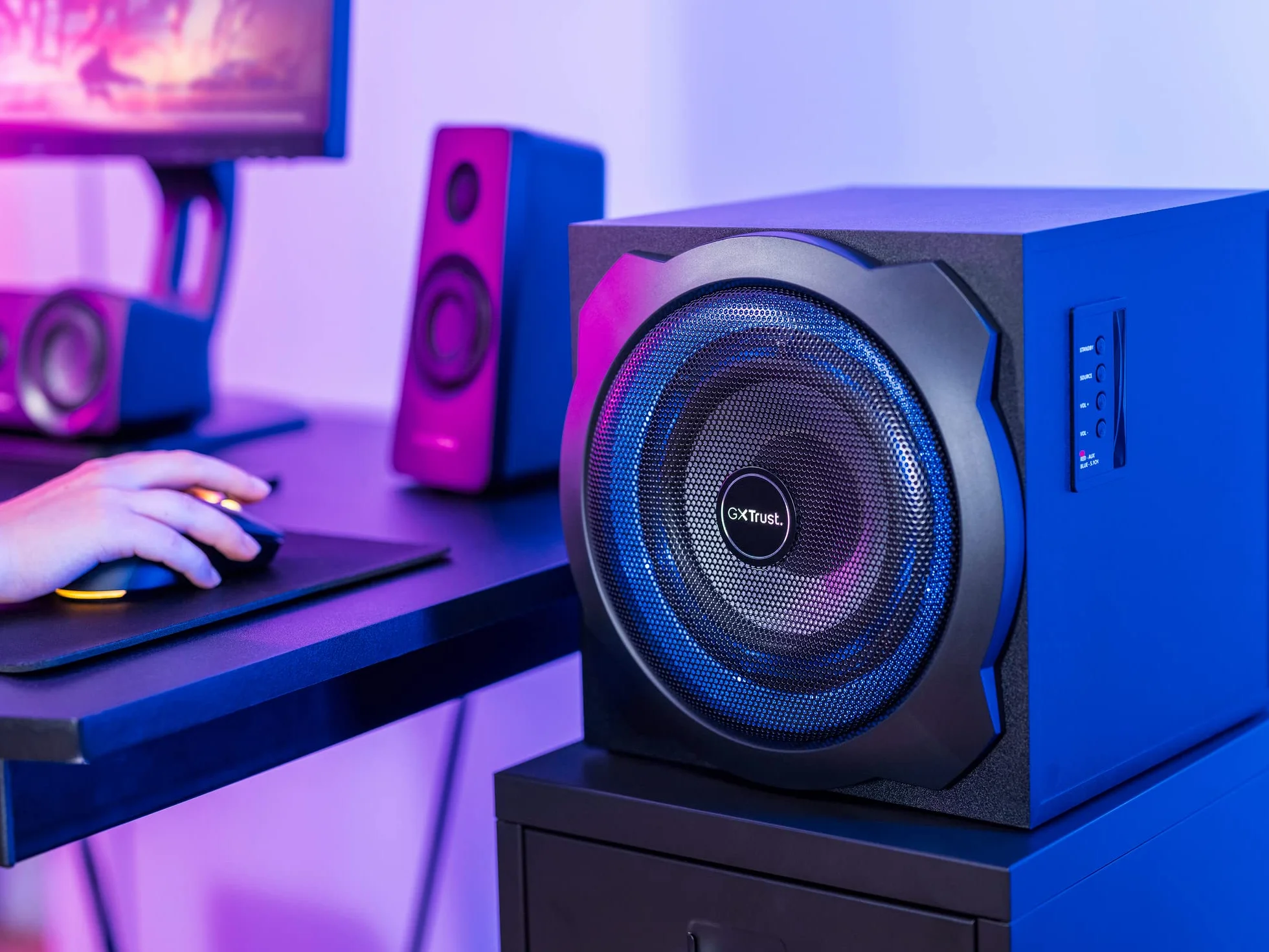 Trust Gaming GXT 658 Tytan Gamer 5.1 głośnik PC, z subwooferem do komputera (180 W), podświetlana dioda LED, bezprzewodowy pilot zdalnego sterowania, głośnik PC, laptop - czarny/niebieski