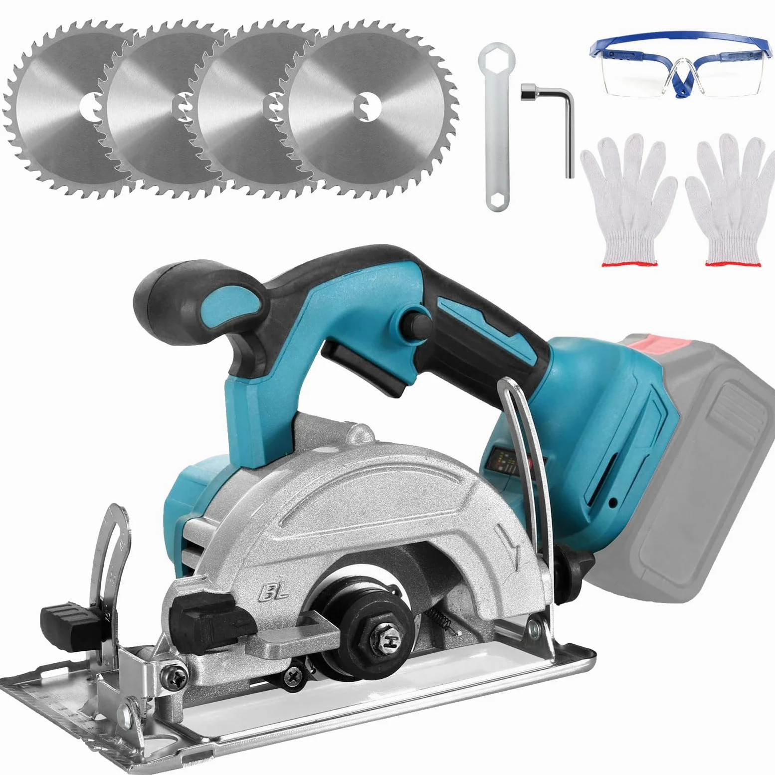 Ręczna pilarka tarczowa 5", kompatybilna z akumulatorem Makita 18 V, 8000 obr./min, bezszczotkowa piła tarczowa z 4 brzeszczotami, metalowy uchwyt pomocniczy, głębokość cięcia 60 mm (90°), głębokość
