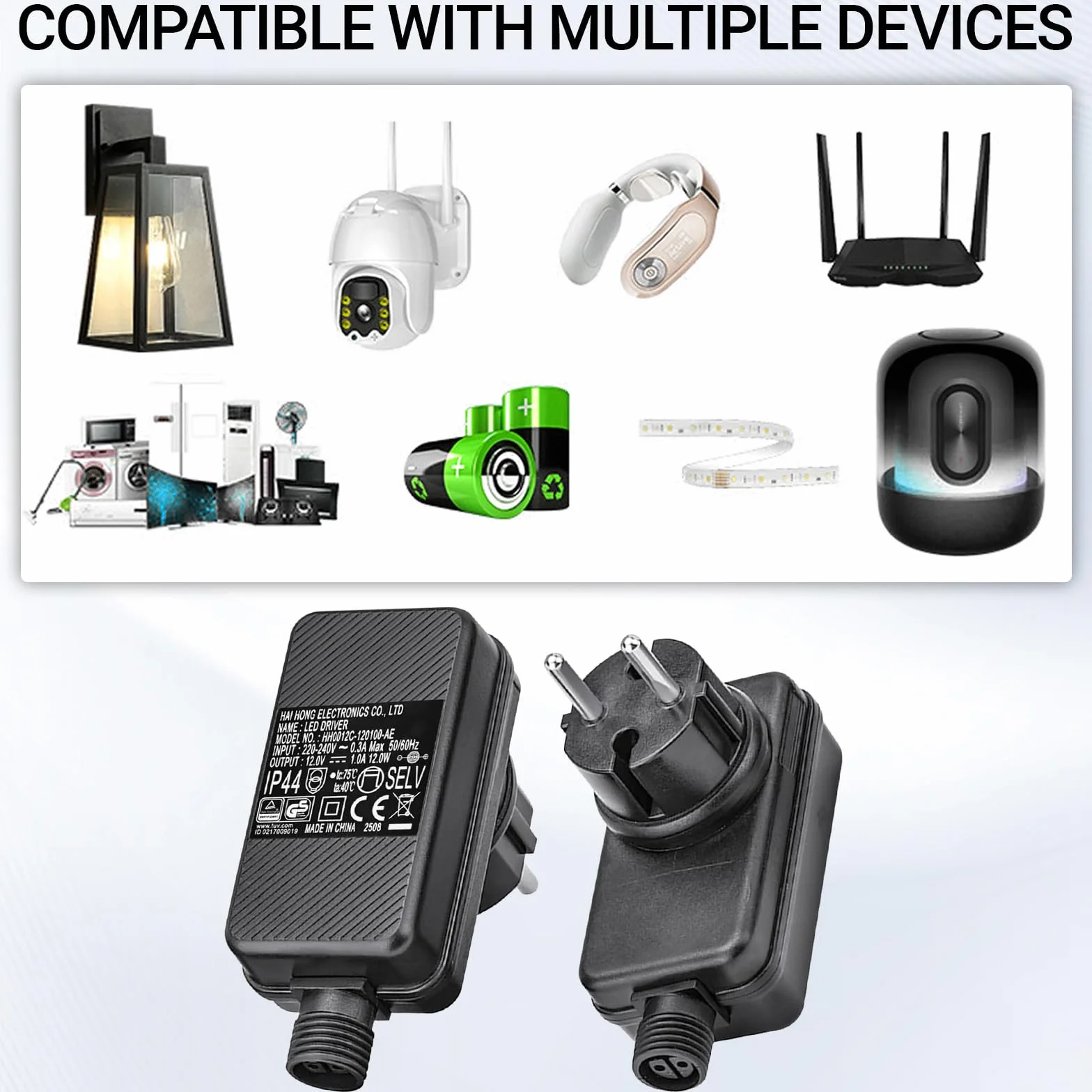 Zestaw adapterów zasilających 12 V DC 1 A, zasilacz do łańcucha świetlnego, wodoszczelność IP44, wtyczka UE, oświetlenie ogrodowe, adapter LED 12 V z ochroną napięcia do reflektorów