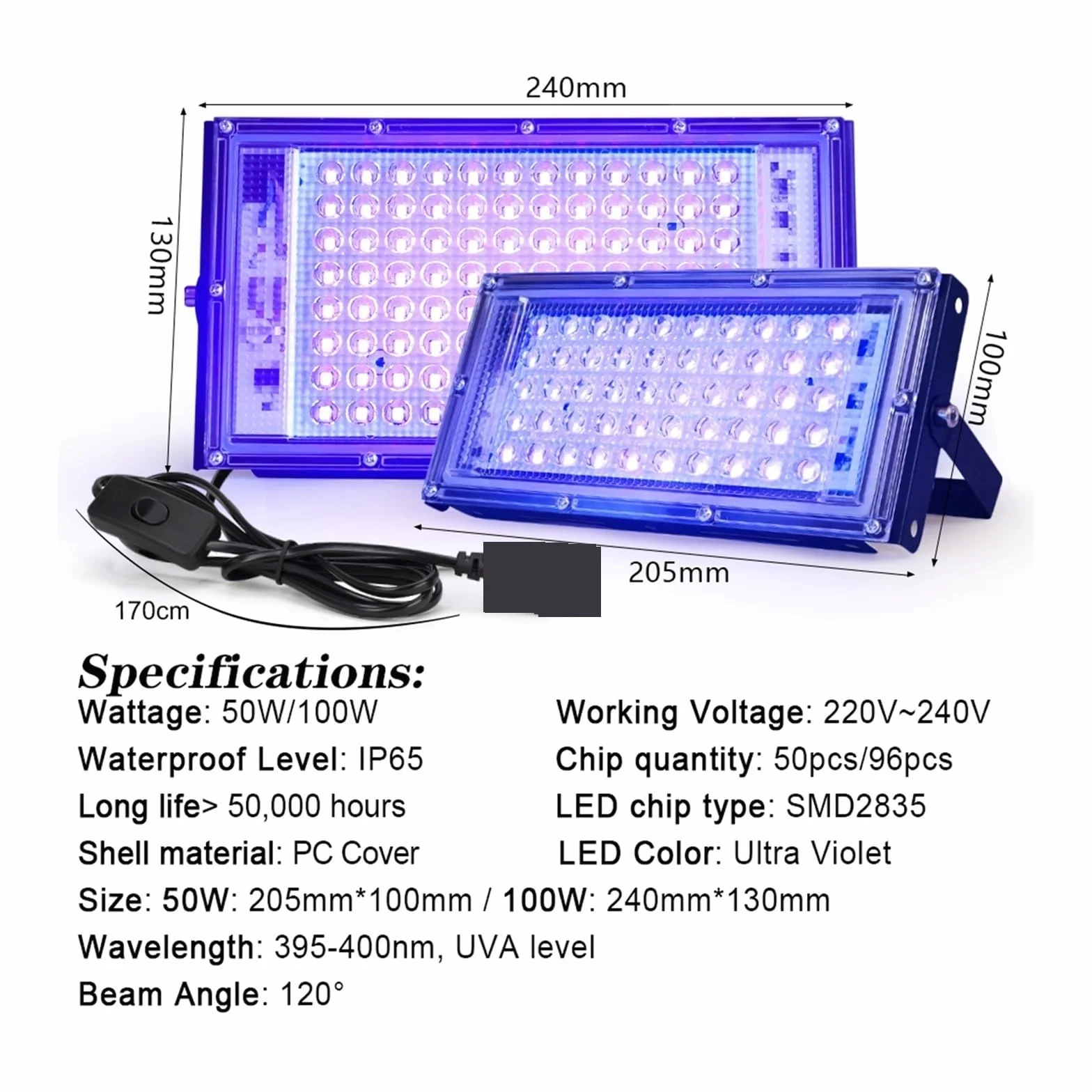 Naświetlacz LED Światło Halogenowe UV 50W 100W 395nm 400nm Ultrafioletowa Fluorescencyjna Lampa Sceniczna Do Baru Potańcówka Blacklight Oświetlenie krajobrazu RGB(50W with plug)