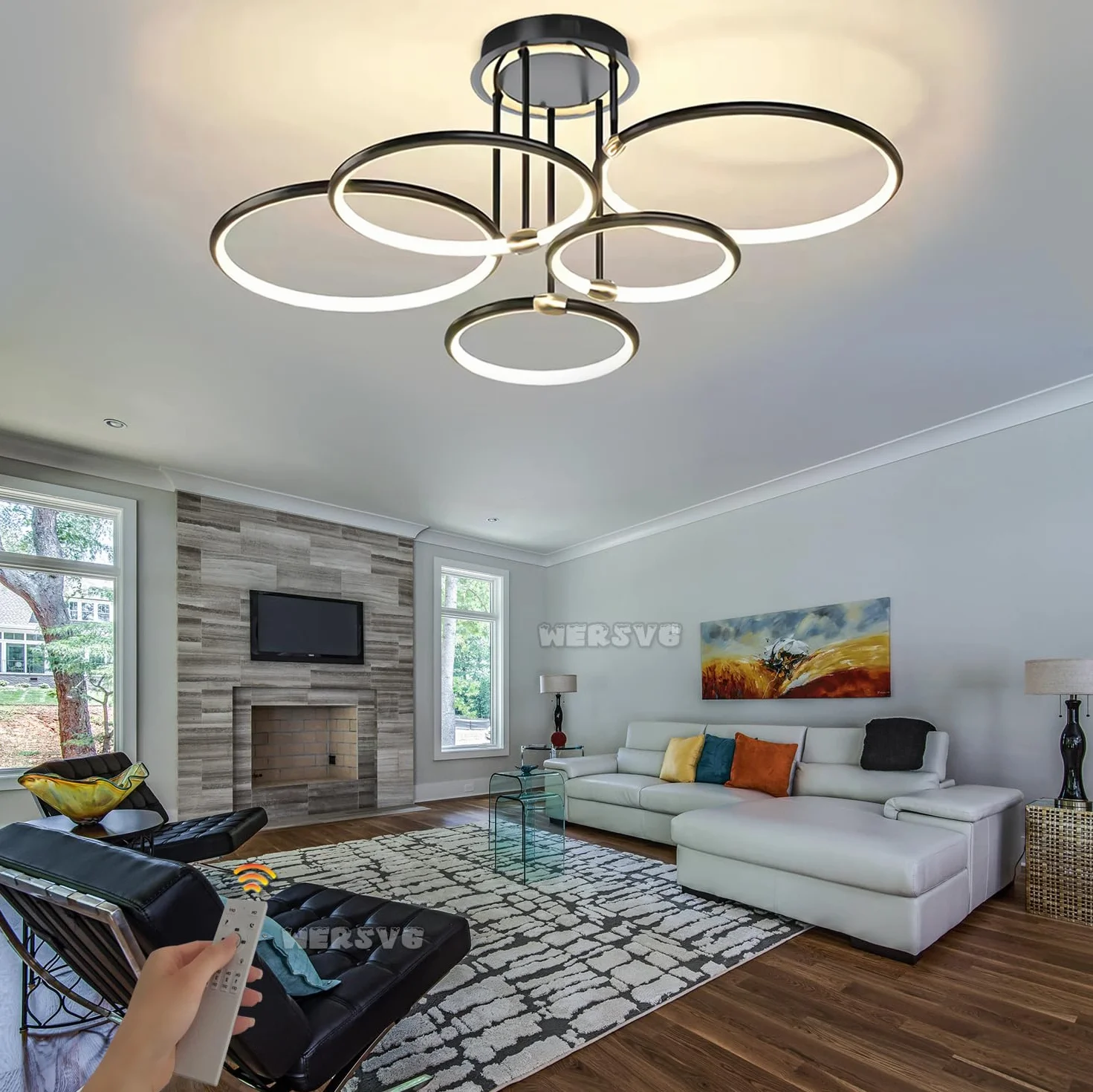 Lampa sufitowa Nowoczesna LED Ściemniana Czarna Lampa Sufitowa Pierścieniowa Z Pilotem Oświetlenie Do Sypialni Salon Kuchnia Jadalnia Przedpokój Lampa Wisząca (5 Pierścień/83cm/84W)