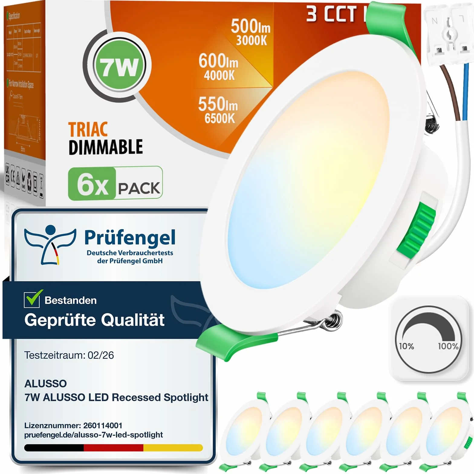 ALUSSO Regulowana Oświetlenie LED Spot 230V 7W Oświetlenie Sufitowe 3000K 4000K 6500K Wodoodporne IP44 Regulowane Wbudowane Oświetlenie Sufitowe do Łazienki, Salonu, Opakowanie 6szt, Okrągłe, Białe