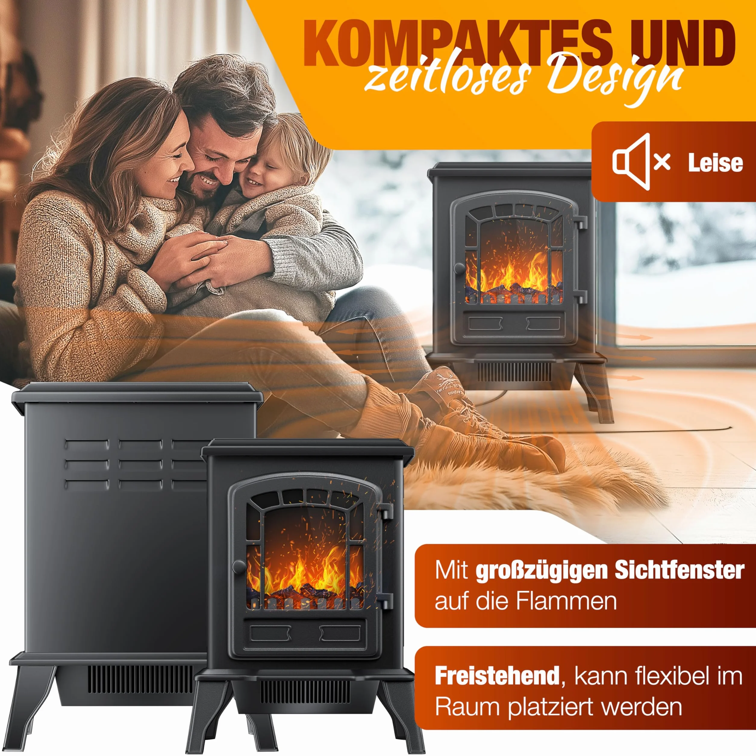 KESSER® Kominek elektryczny 2000 W z termowentylatorem, LED efekt płomienia, czarny