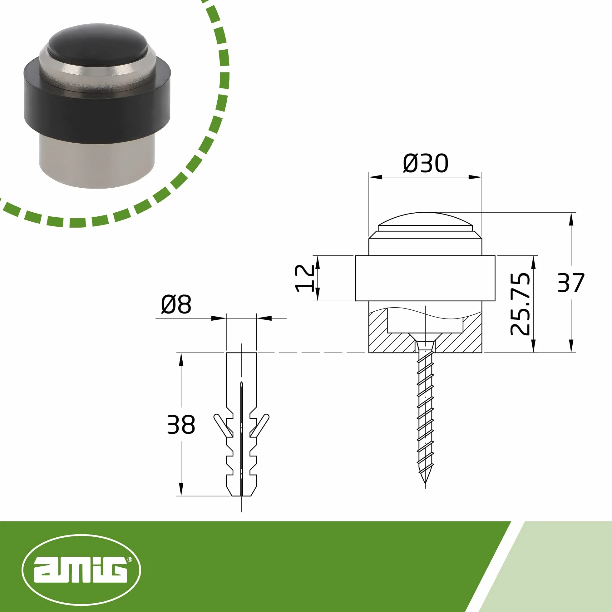 Amig - Ogranicznik do drzwi wejściowych | średnica 30 x 36 mm | model 205 | aluminium o szczotkowanym wykończeniu niklem | okrągłe obrzeże | łącznie z uchwytami do dna i kołkami do montażu