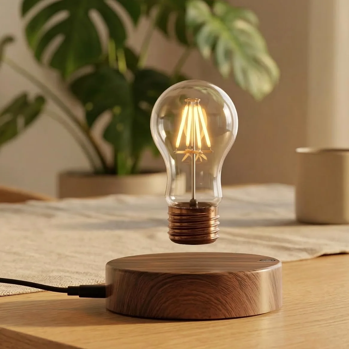 Magnetyczna lewitująca pływająca bezprzewodowa żarówka LED lampa biurkowa na wyjątkowe prezenty, wystrój pokoju, lampka nocna, dekoracja biurka do biura domowego (okrągła drewniana podstawa A)
