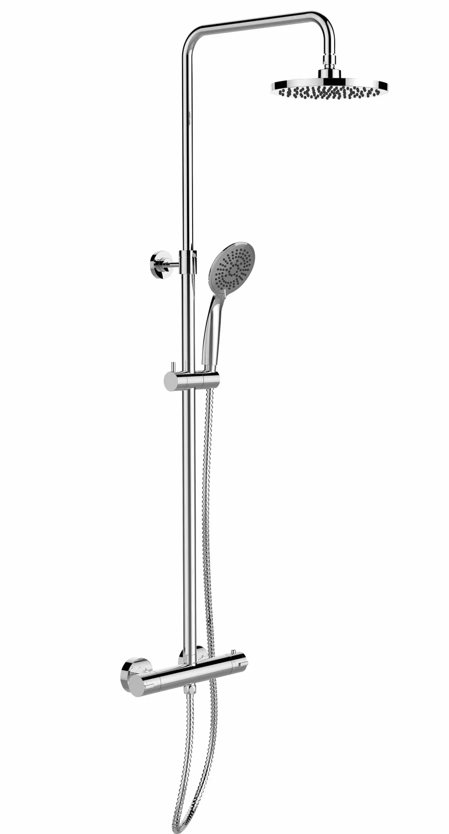 System prysznicowy Young Eco, z armaturą termostatyczną i 2 regulatorami oszczędzania wody, deszczownicą Ø 20 cm i słuchawką prysznicową Ø 11 cm z 5 funkcjami, odporny na zginanie wąż prysznicowy ze