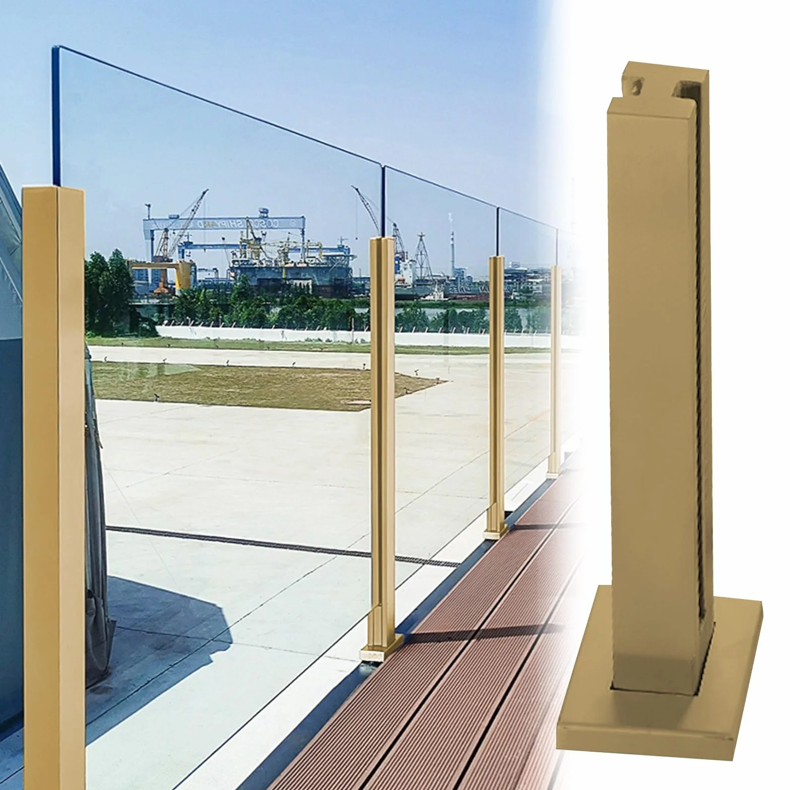 Słupek balustrady balkonowej ze złotego szkła, 120 cm / 47.2in, do paneli metalowych, drewnianych, ze szkła hartowanego (8–12 mm) – stylowe wsparcie do ogrodzenia, trwały i elegancki design