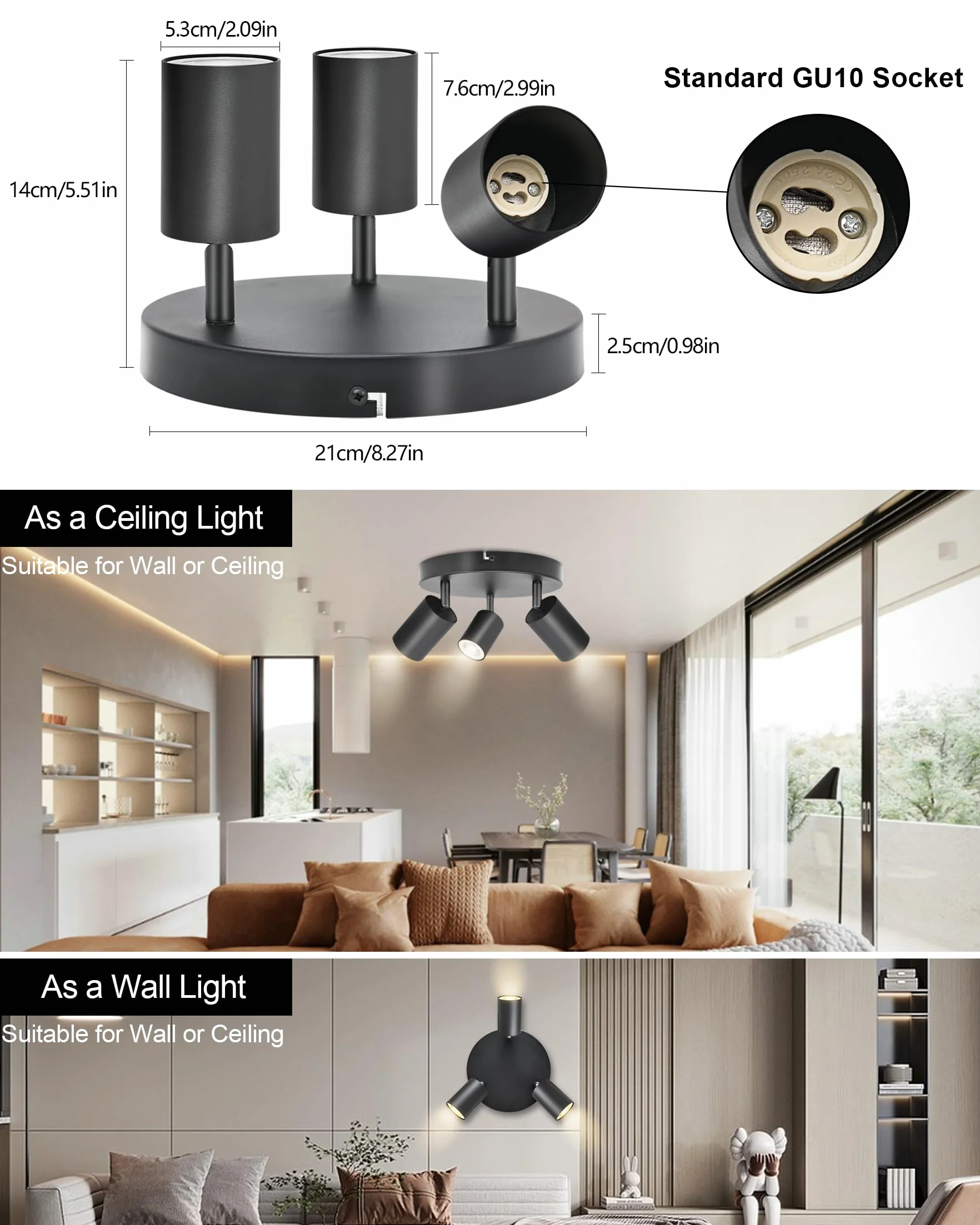 Lampa sufitowa LED z 3 punktami, okrągłe, obrotowe reflektory sufitowe, GU10, nowoczesne oświetlenie sufitowe, oprawy wewnętrzne do kuchni, salonu, czarne, dostawa bez żarówek