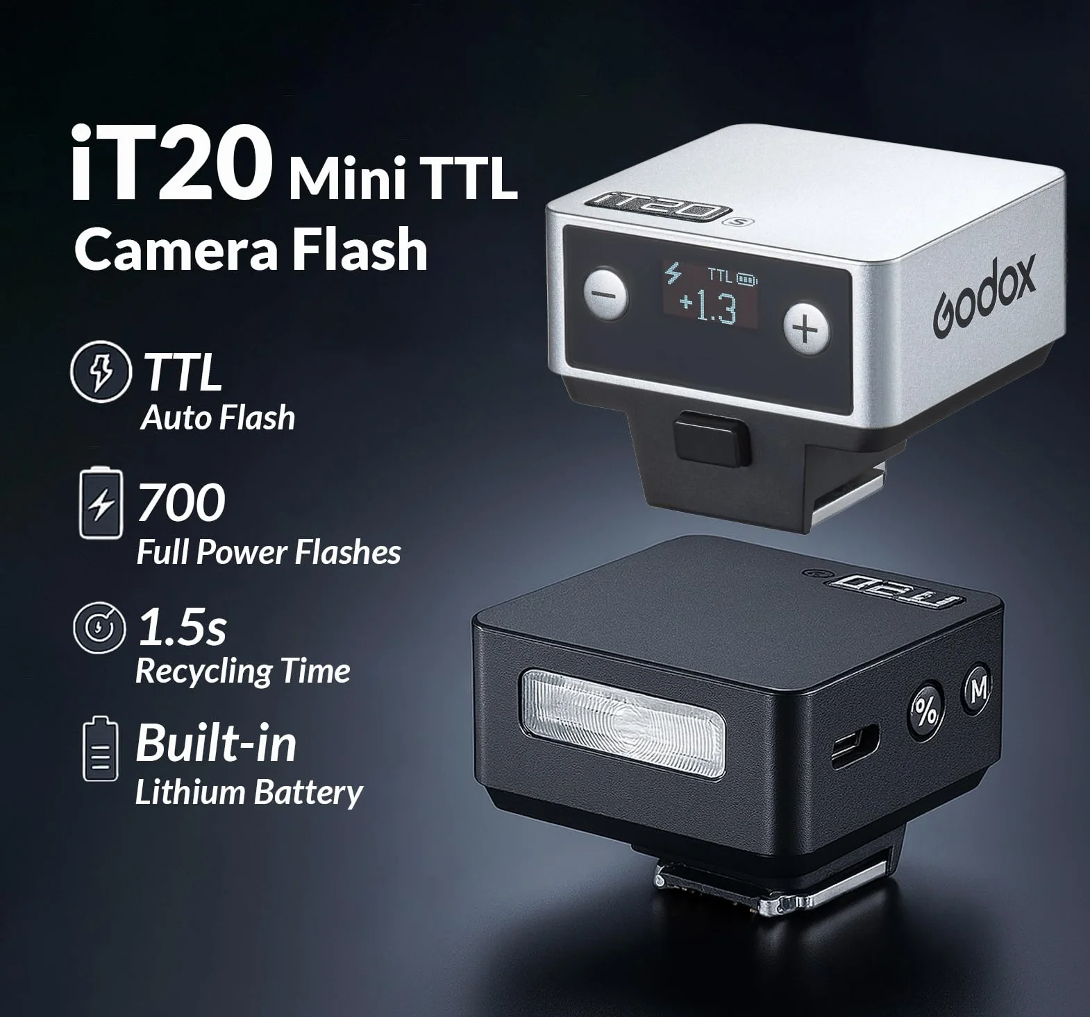 GODOX IT20 F lampa błyskowa TTL mini, czas recyklingu 1,5 s, kompatybilna z Fujifilm X100VI GFX100RF XS20 XS10 XT30 II XT5 XM5 GFX50S GFX50R X-T4 X-T3 X-E4 czarna
