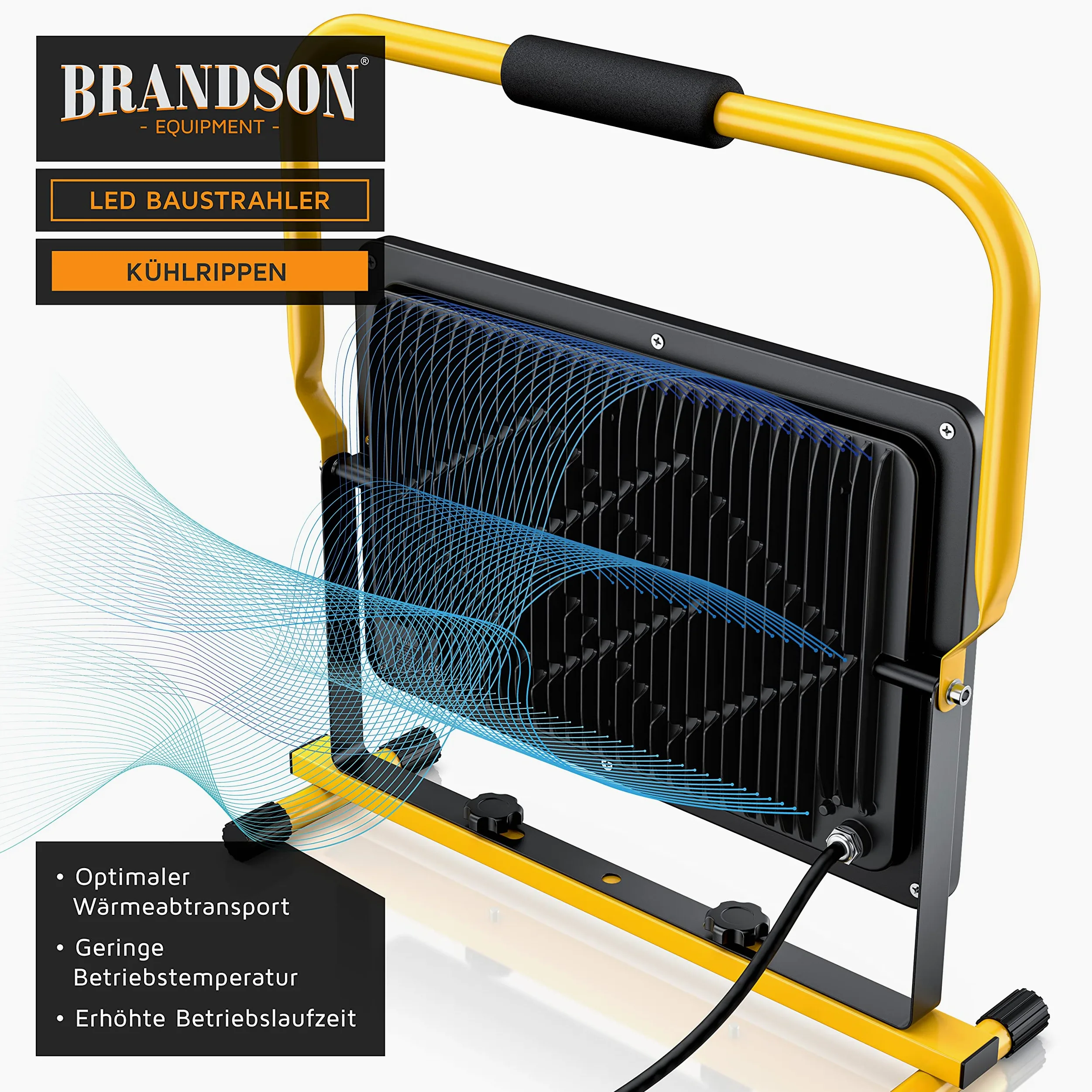 Brandson - Reflektor Budowlany LED 200 W - Reflektor Roboczy - 288 SMD LED - 6400 K - Stelaż i Uchwyt do Noszenia - 16000 Lumenów - Kabel Zasilający 4 m - Obudowa Metalowa - IP65