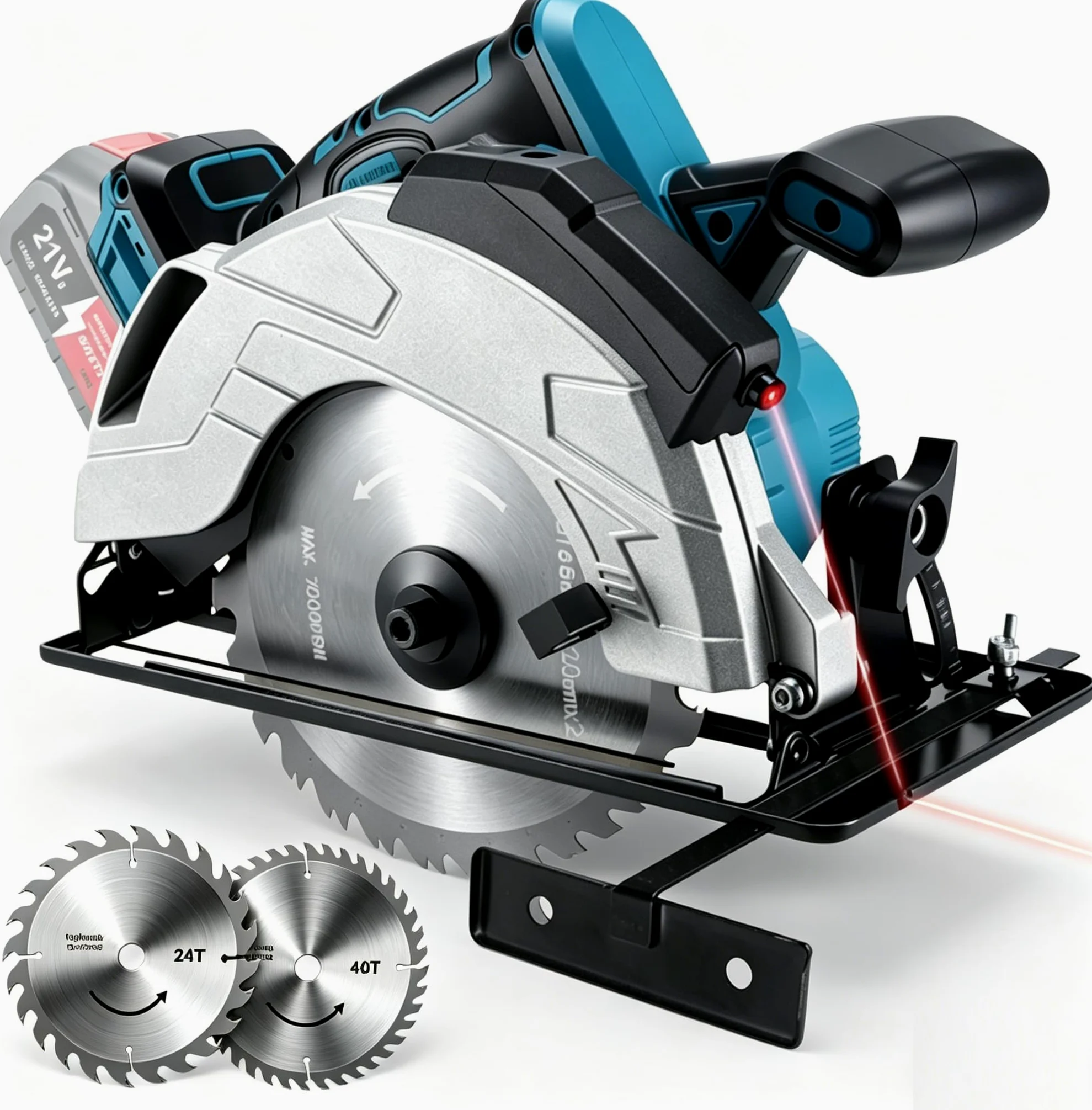 Profesjonalna piła tarczowa kompatybilna z akumulatorem Makita 18 V z 2 brzeszczotami (185 mm), głębokość cięcia: 60 mm, z laserem, ręczną piłą tarczową, bezszczotkowa piła tarczowa z regulowanym