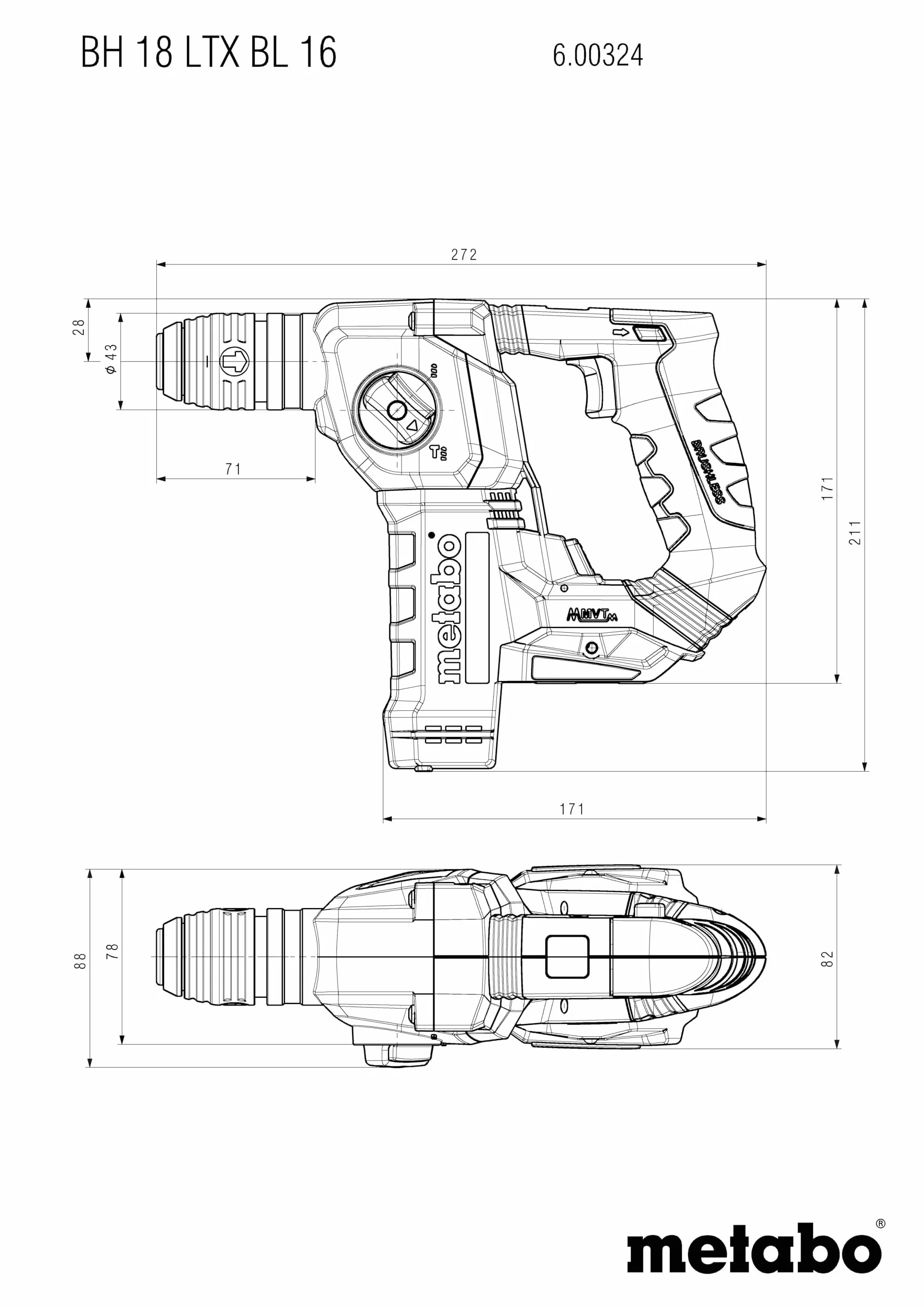 Metabo Młotek akumulatorowy BH 18 LTX BL 16 (600324850) 18 V; karton, napięcie akumulatora: 18 V, maks. energia pojedynczego uderzenia (EPTA): 1,3 J, maks. liczba uderzeń: 5250 /min