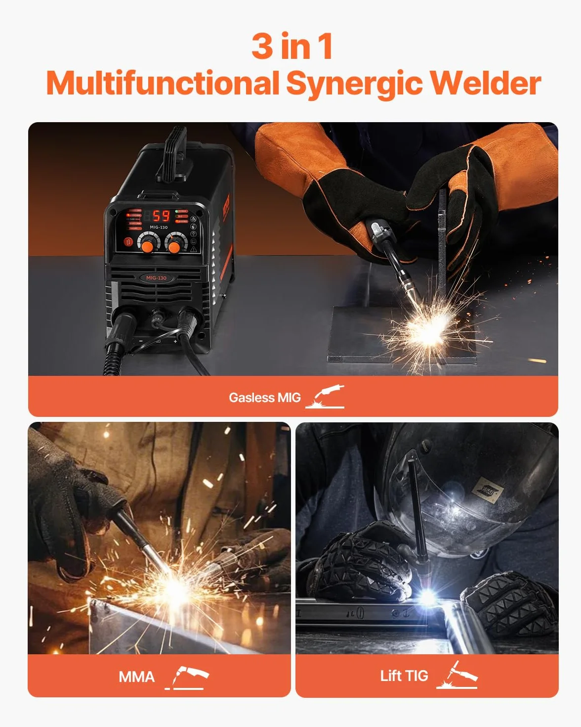 VEVOR Spawarka MIG, 130 A, synergetyczna spawarka MIG, 3 w 1, wieloprocesowa spawarka MIG/MMA/Lift-TIG, spawarka z technologią falownika IGBT i cyfrowym wyświetlaczem