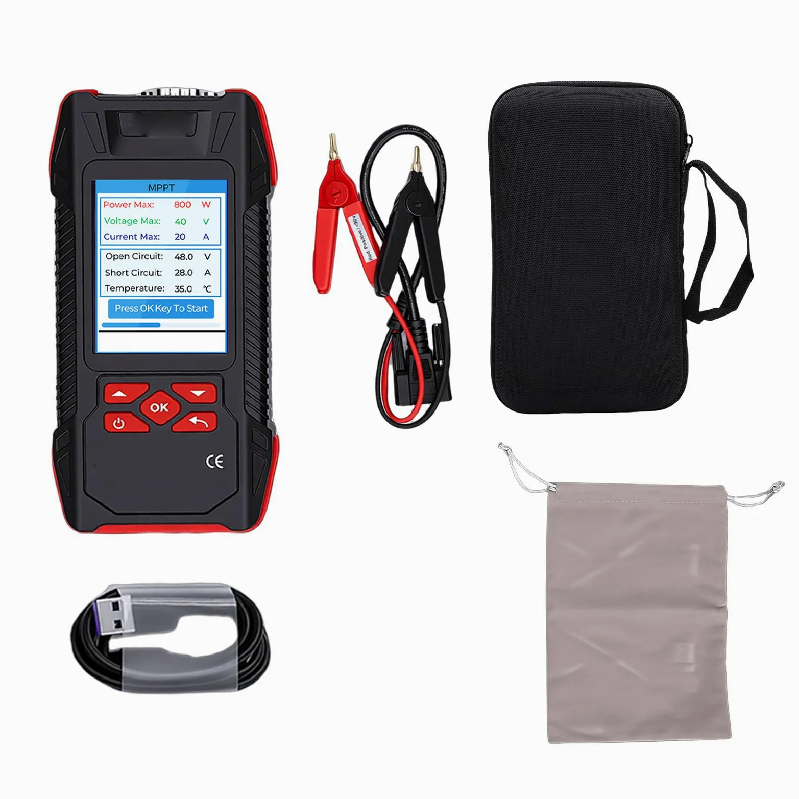 Wakects Tester Paneli Słonecznych, Multimetr Fotowoltaiczny MPPT z 3,2-calowym Wyświetlaczem LCD, Testowanie Prądu Napięciowego PV 2000 W od 0 do 40 A, Akumulator 1500 MAh do Inspekcji Paneli