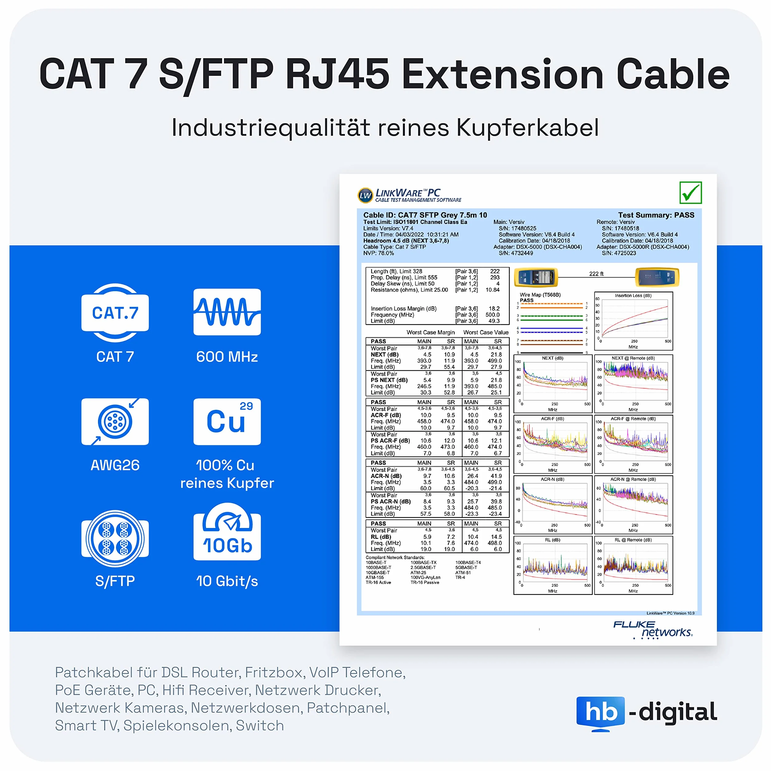 HB-DIGITAL Przedłużacz Ethernet Cat.7 RJ45 0,5m 10 Gbit/s S/FTP PIMF 600MHz Czarny
